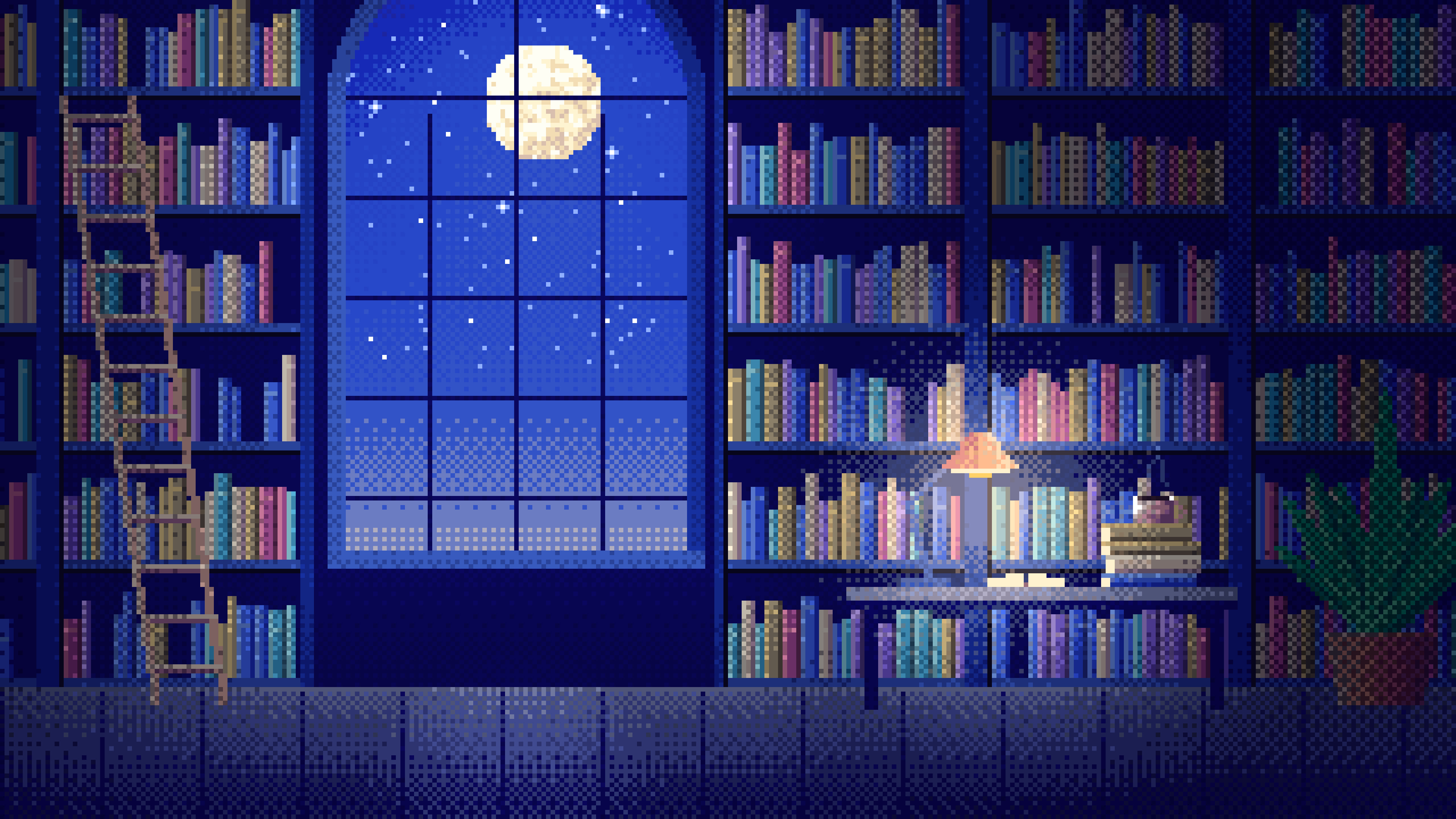 Royal Blue Pixel Art Library desktop wallpaper in 4K