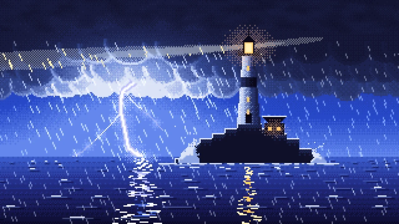 Royal Blue Pixel Art Lighthouse in a Lightning Storm desktop wallpaper in 4K