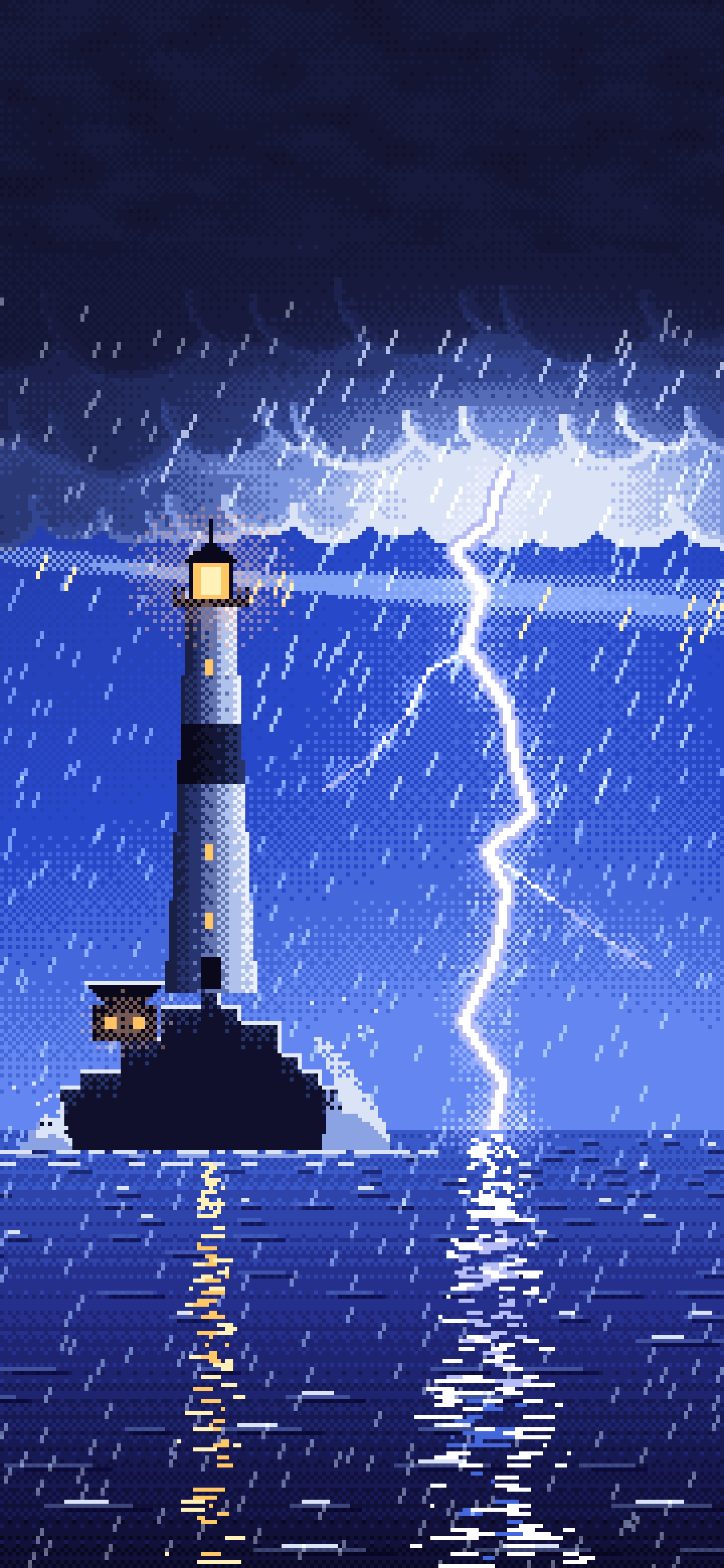 Royal Blue Pixel Art Lighthouse in a Lightning Storm wallpaper for iPhone and Android