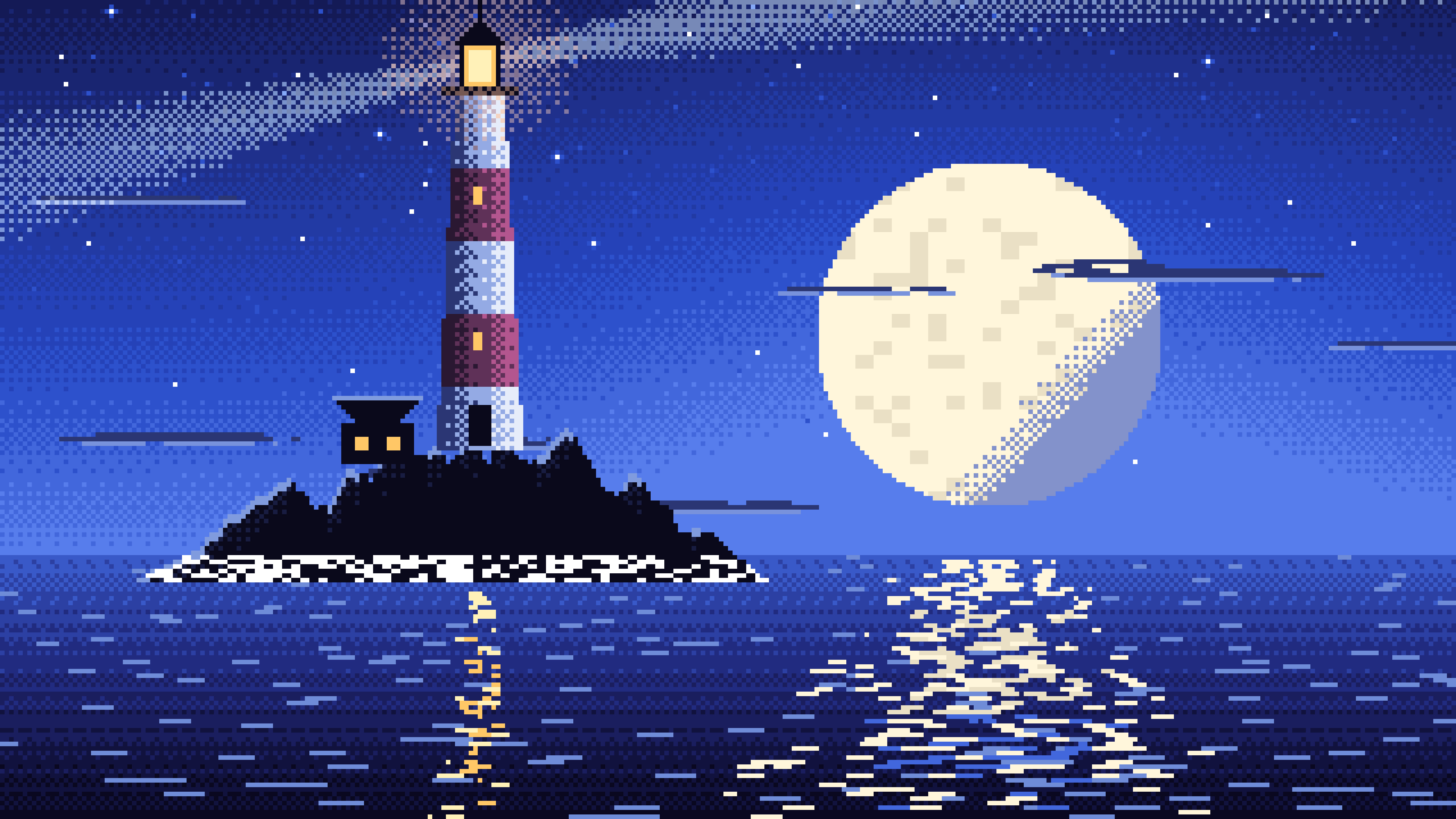 Royal Blue Pixel Art Lighthouse desktop wallpaper in 4K