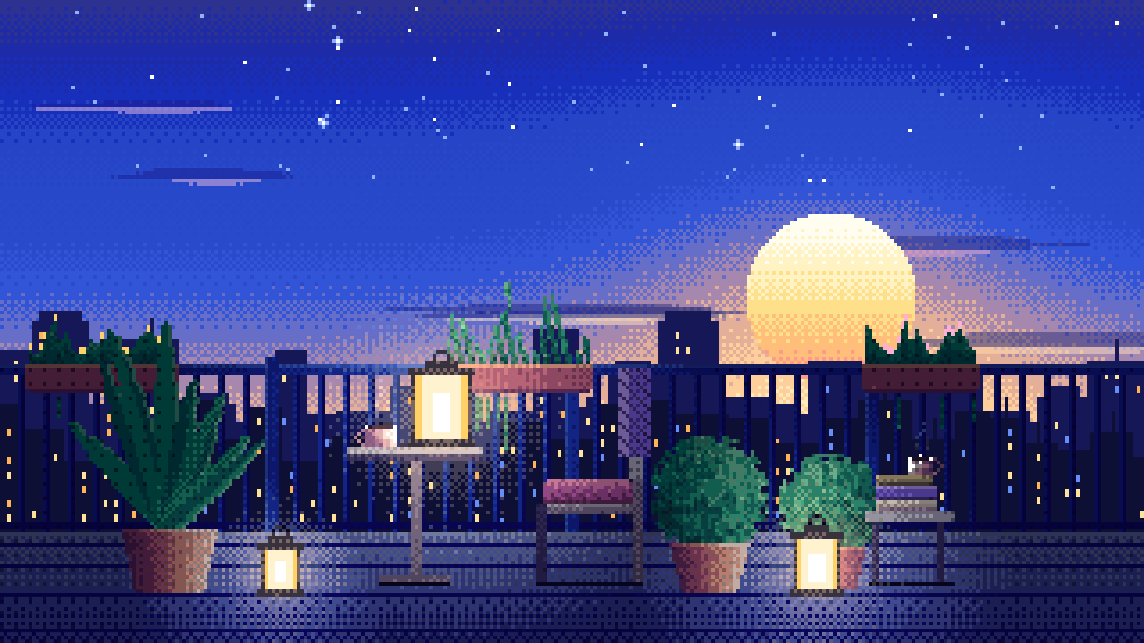 Royal Blue Pixel Art Lofi Balcony at Dusk desktop wallpaper in 4K