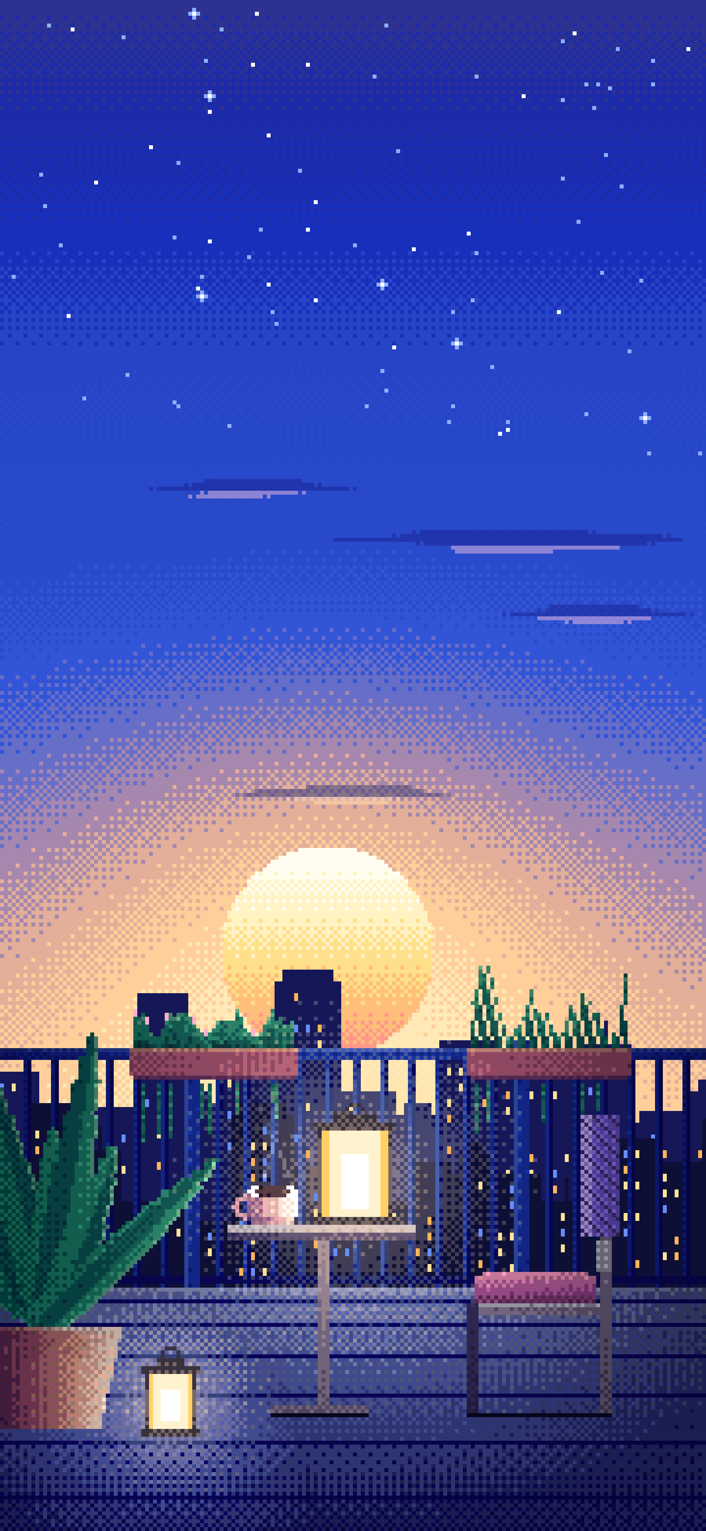 Royal Blue Pixel Art Lofi Balcony at Dusk wallpaper for iPhone and Android