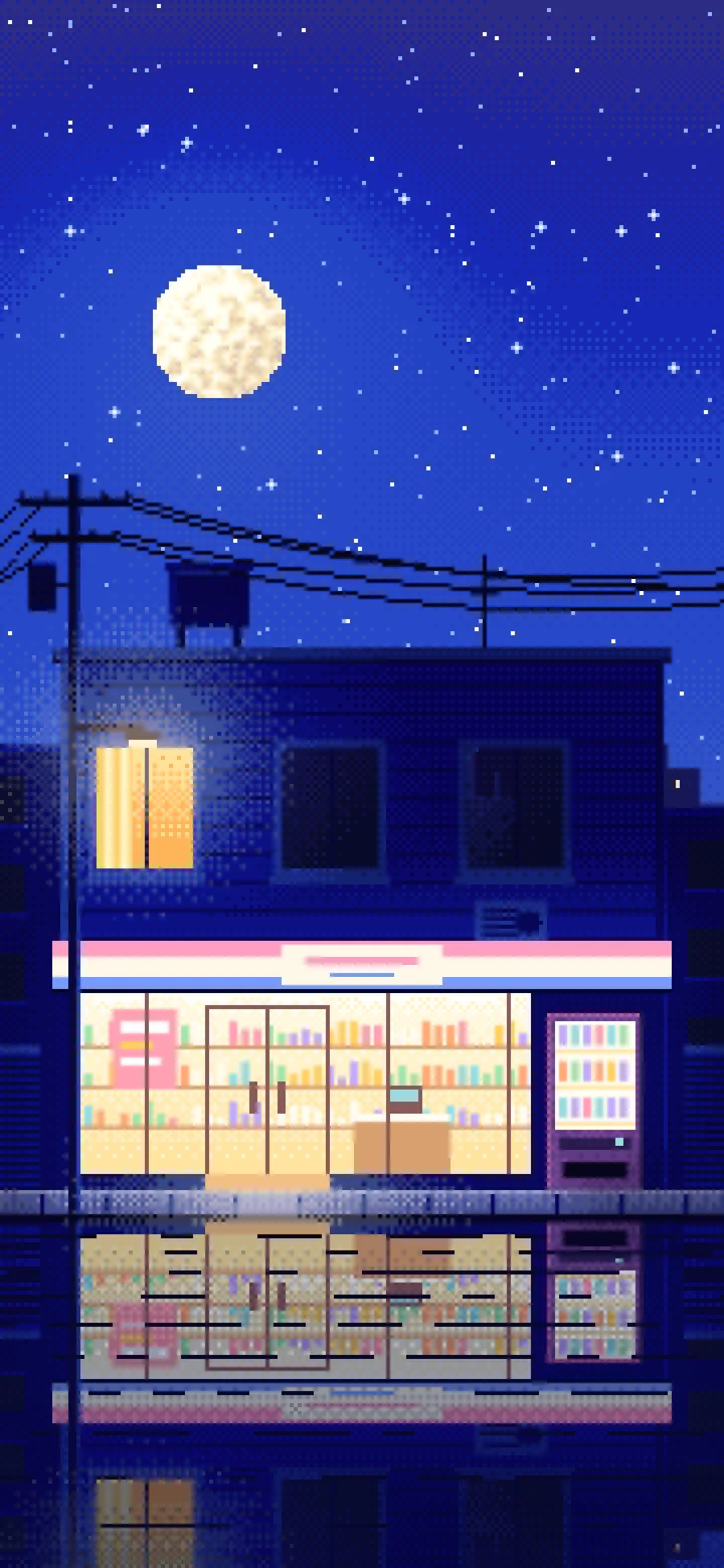 Royal Blue Pixel Art Lofi Convenience Store at Night wallpaper for iPhone and Android