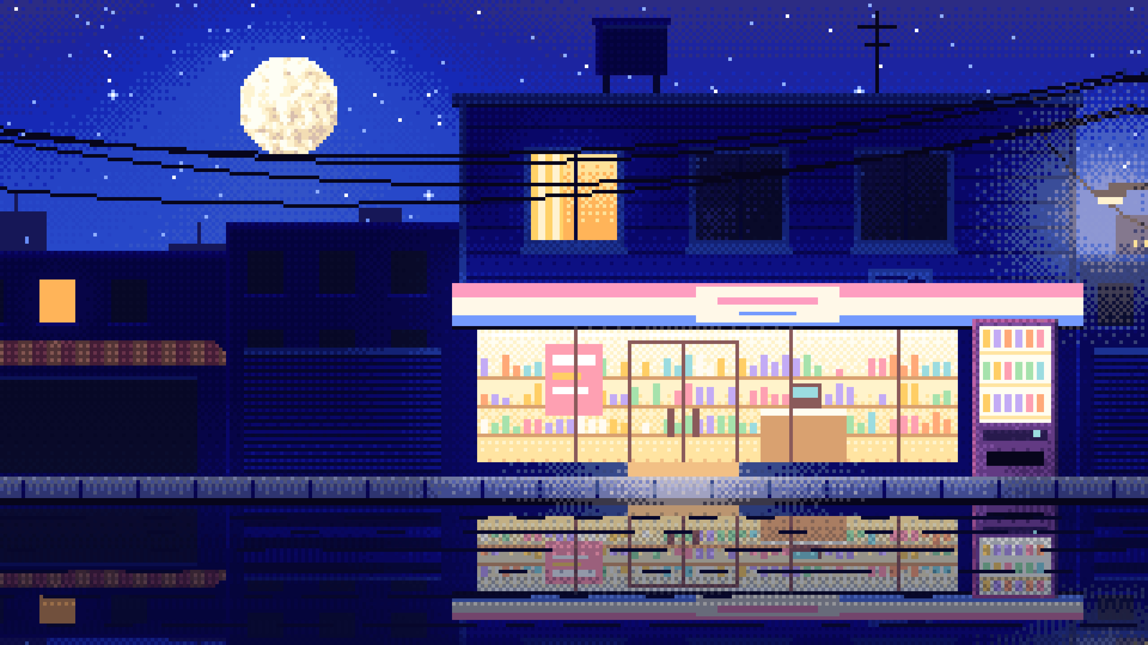 Royal Blue Pixel Art Lofi Convenience Store at Night desktop wallpaper in 4K
