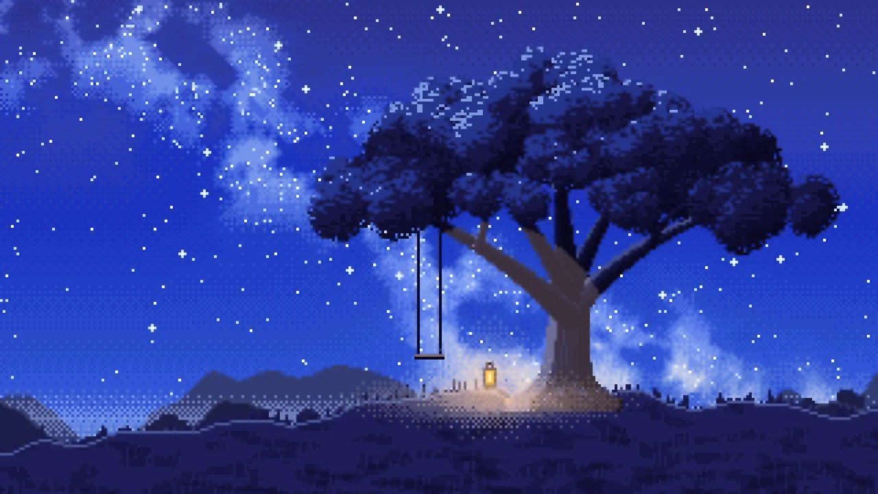 Royal Blue Pixel Art Lone Tree Under the Stars desktop wallpaper in 4K