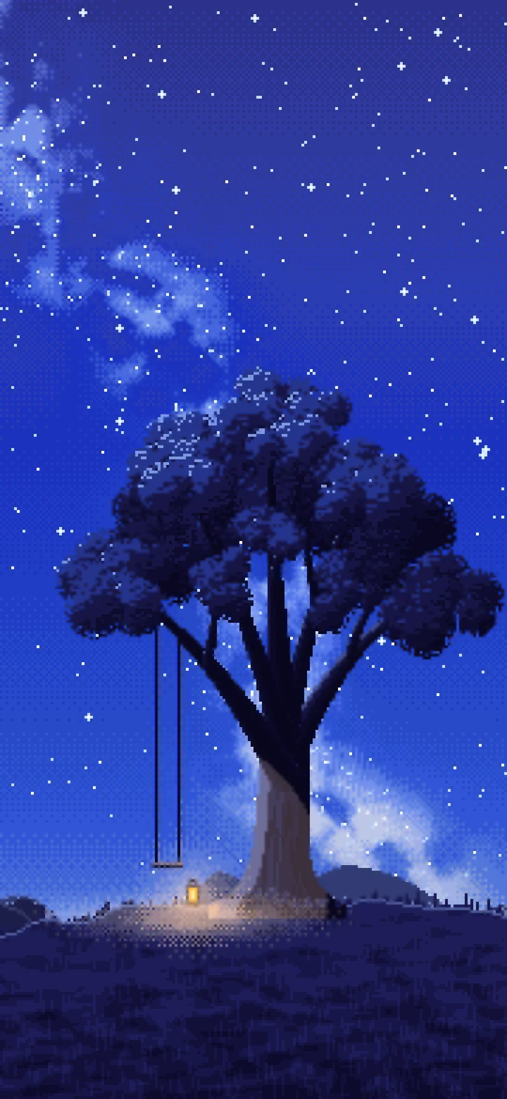 Royal Blue Pixel Art Lone Tree Under the Stars wallpaper for iPhone and Android