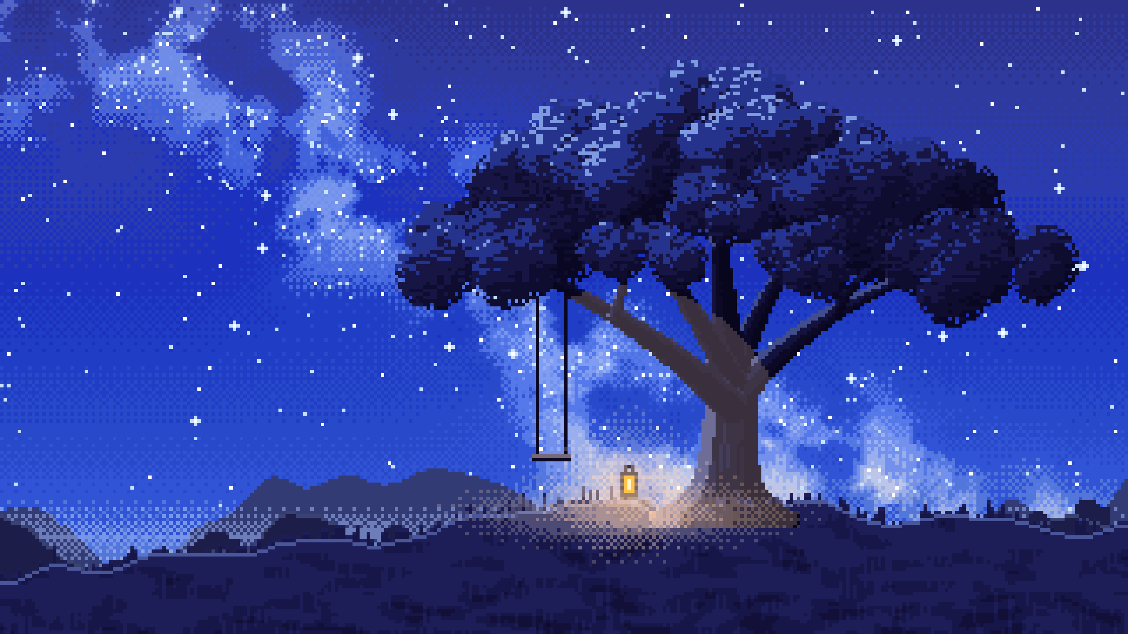 Royal Blue Pixel Art Lone Tree Under the Stars desktop wallpaper in 4K