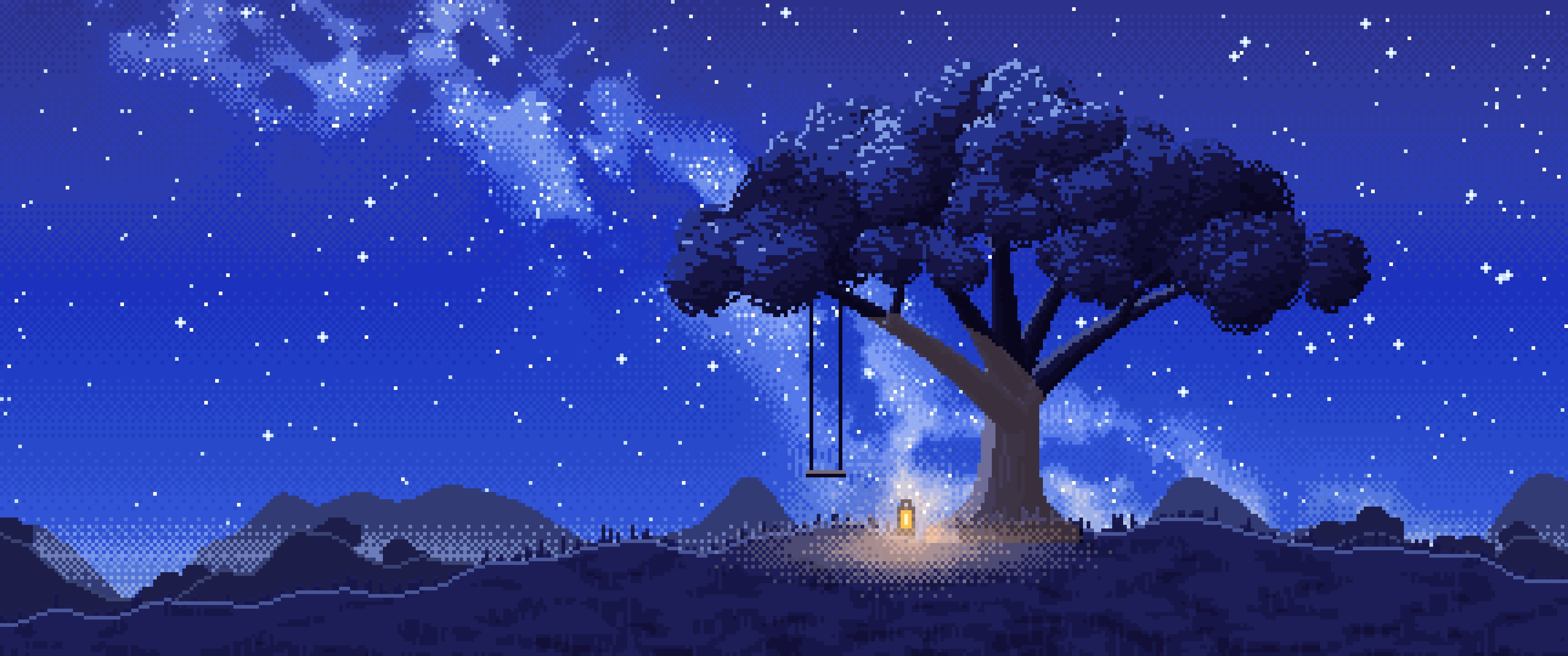 Royal Blue Pixel Art Lone Tree Under the Stars ultrawide wallpaper, 3440 × 1440