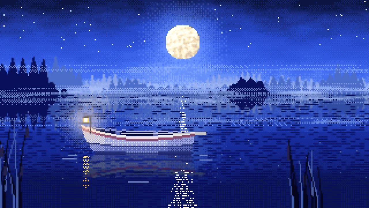Royal Blue Pixel Art Lonely Rowboat on a Foggy Lake desktop wallpaper in 4K
