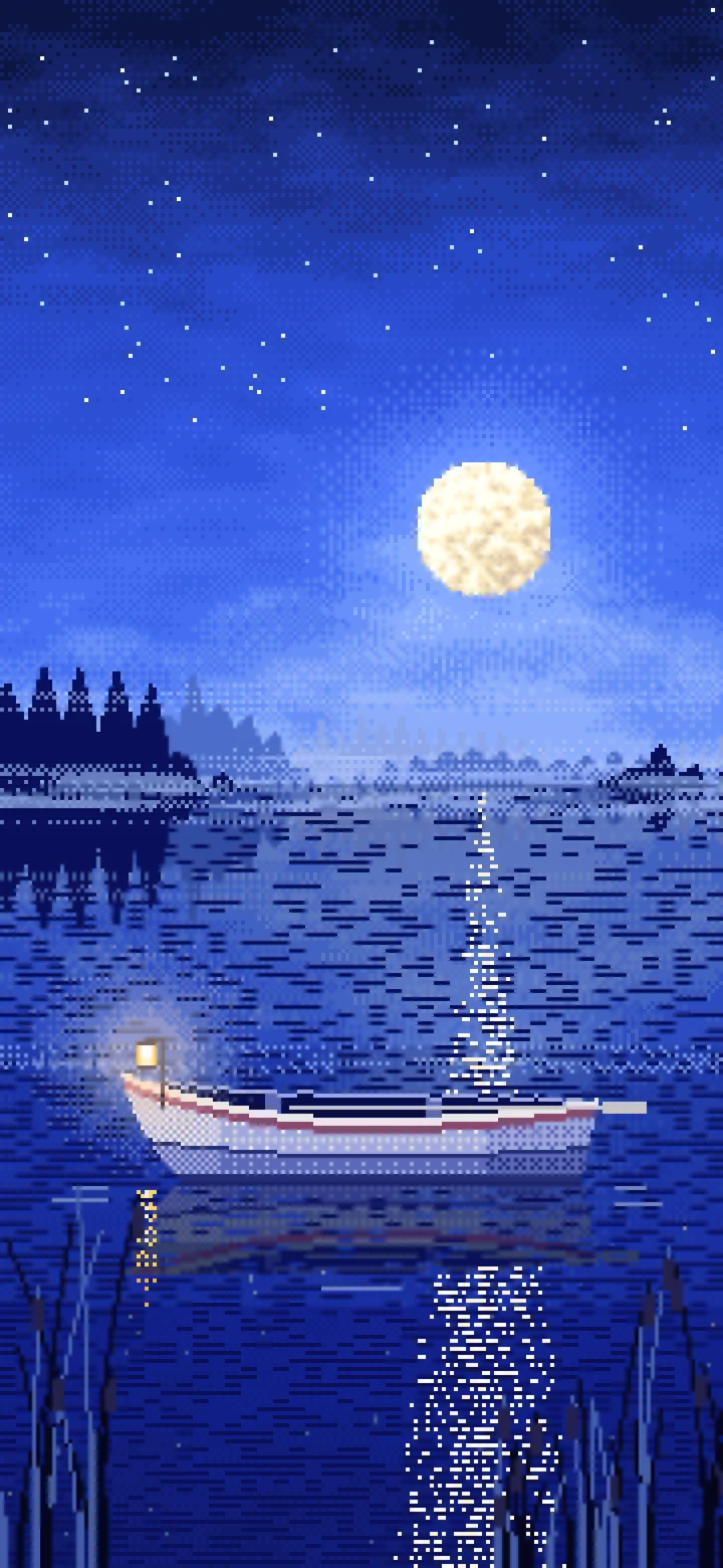 Royal Blue Pixel Art Lonely Rowboat on a Foggy Lake wallpaper for iPhone and Android