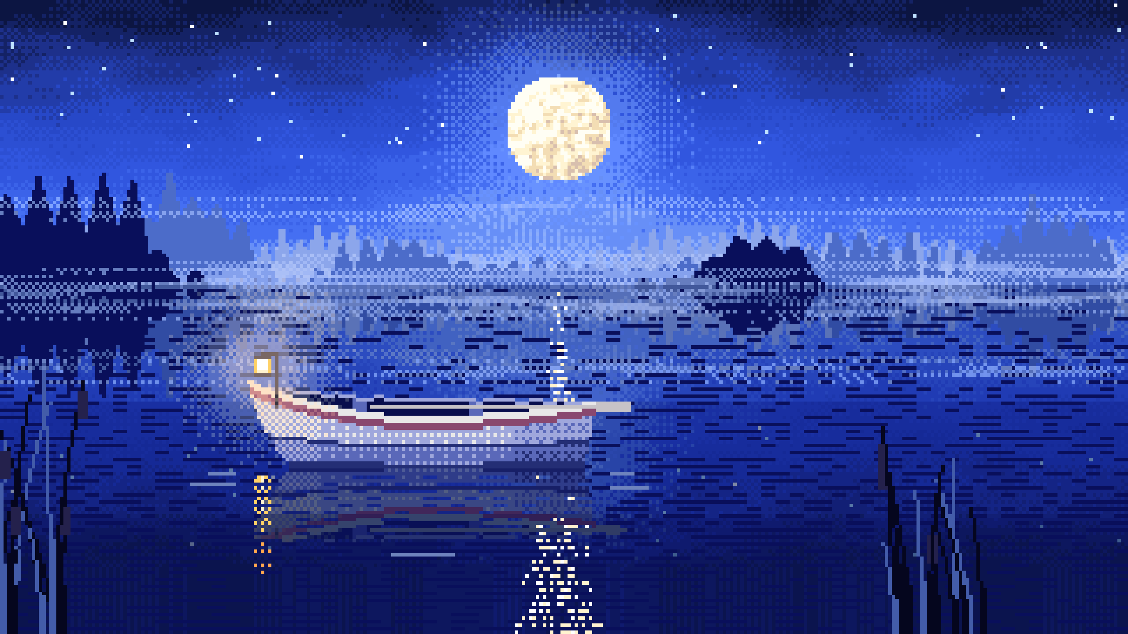 Royal Blue Pixel Art Lonely Rowboat on a Foggy Lake desktop wallpaper in 4K