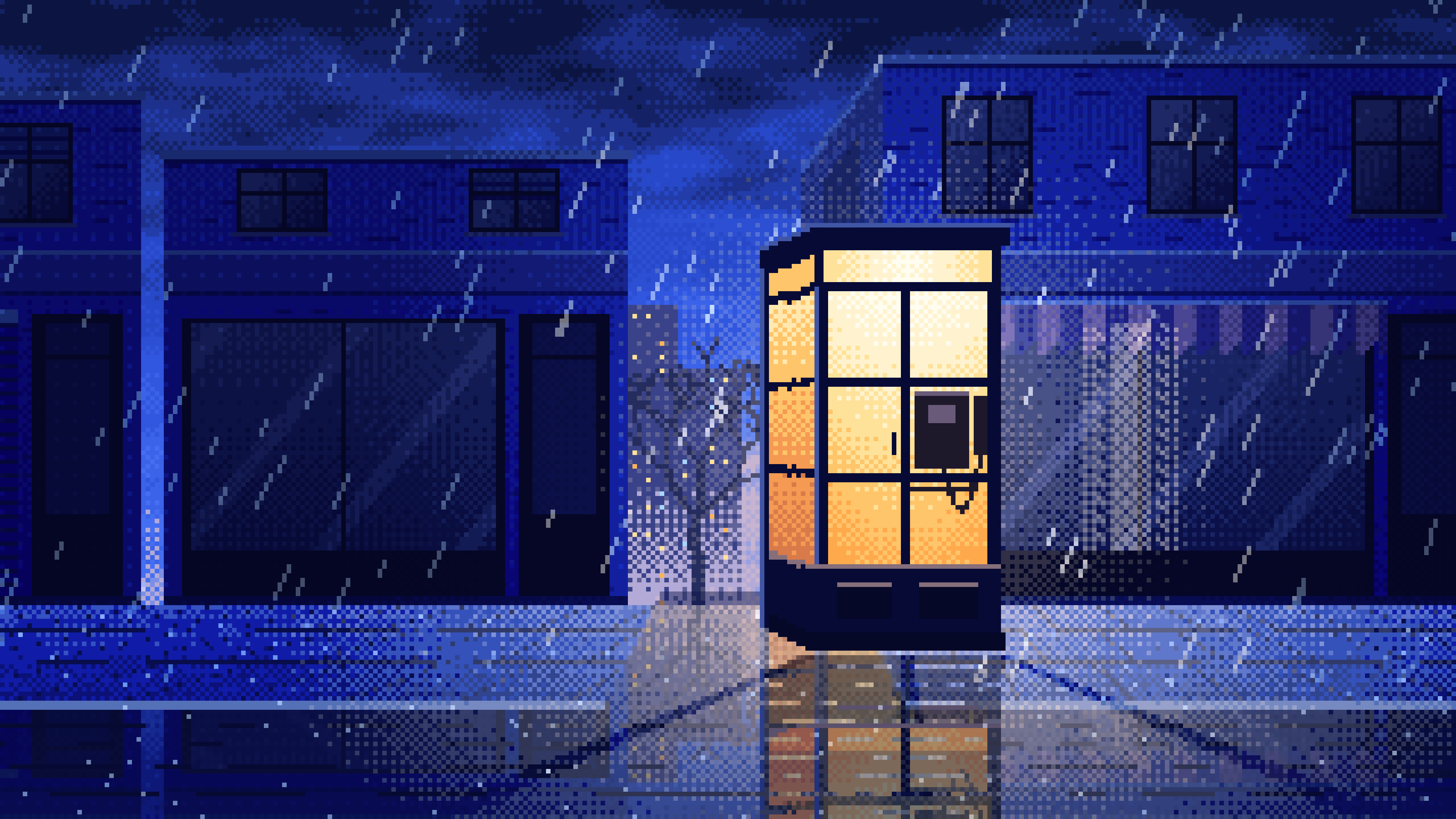 Royal Blue Pixel Art Lonely Telephone Box at Night desktop wallpaper in 4K