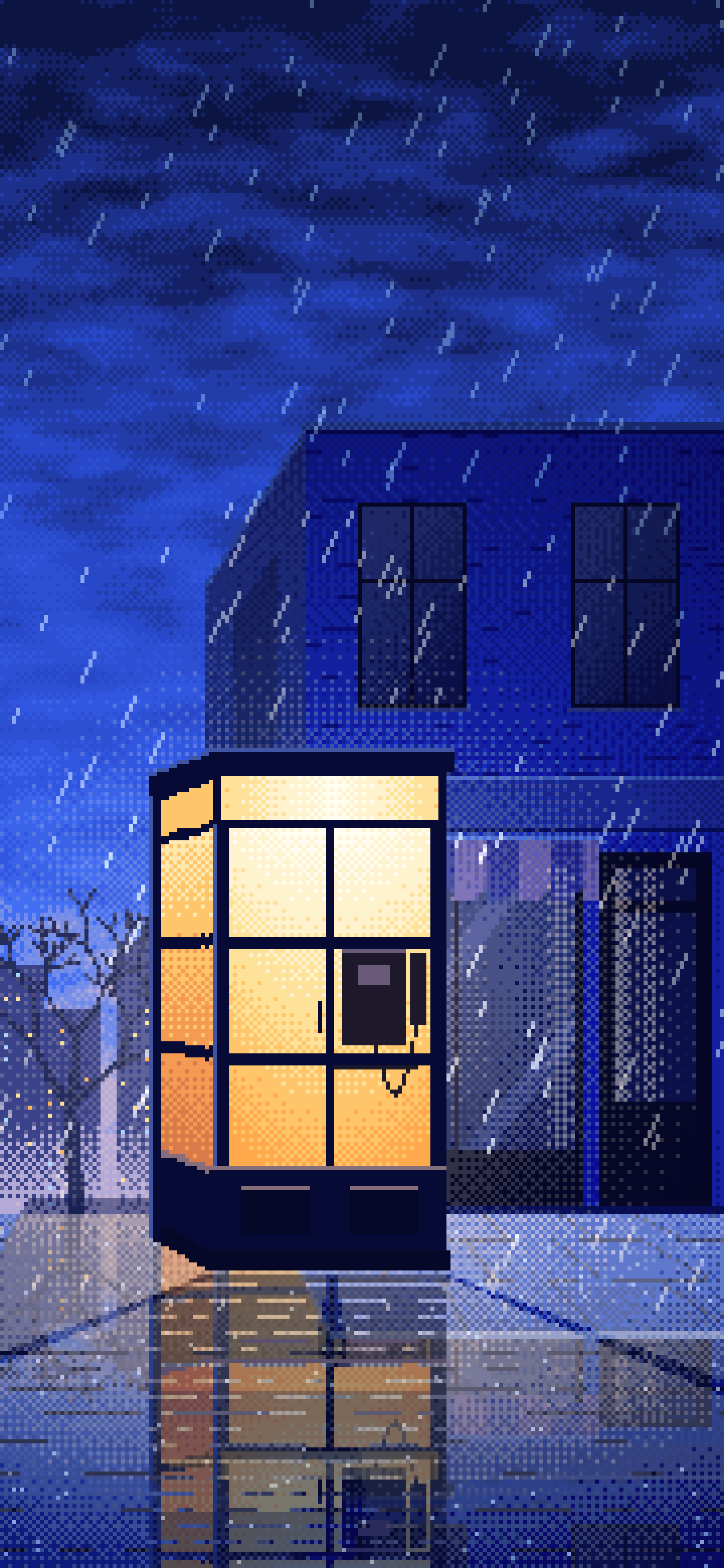 Royal Blue Pixel Art Lonely Telephone Box at Night wallpaper for iPhone and Android
