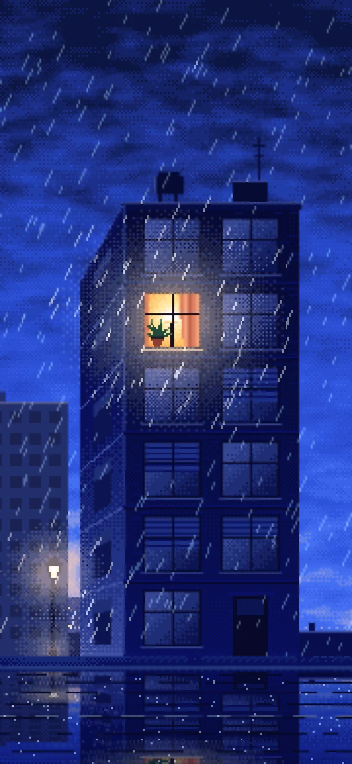 Royal Blue Pixel Art Lonely Window in the Rain wallpaper for iPhone and Android