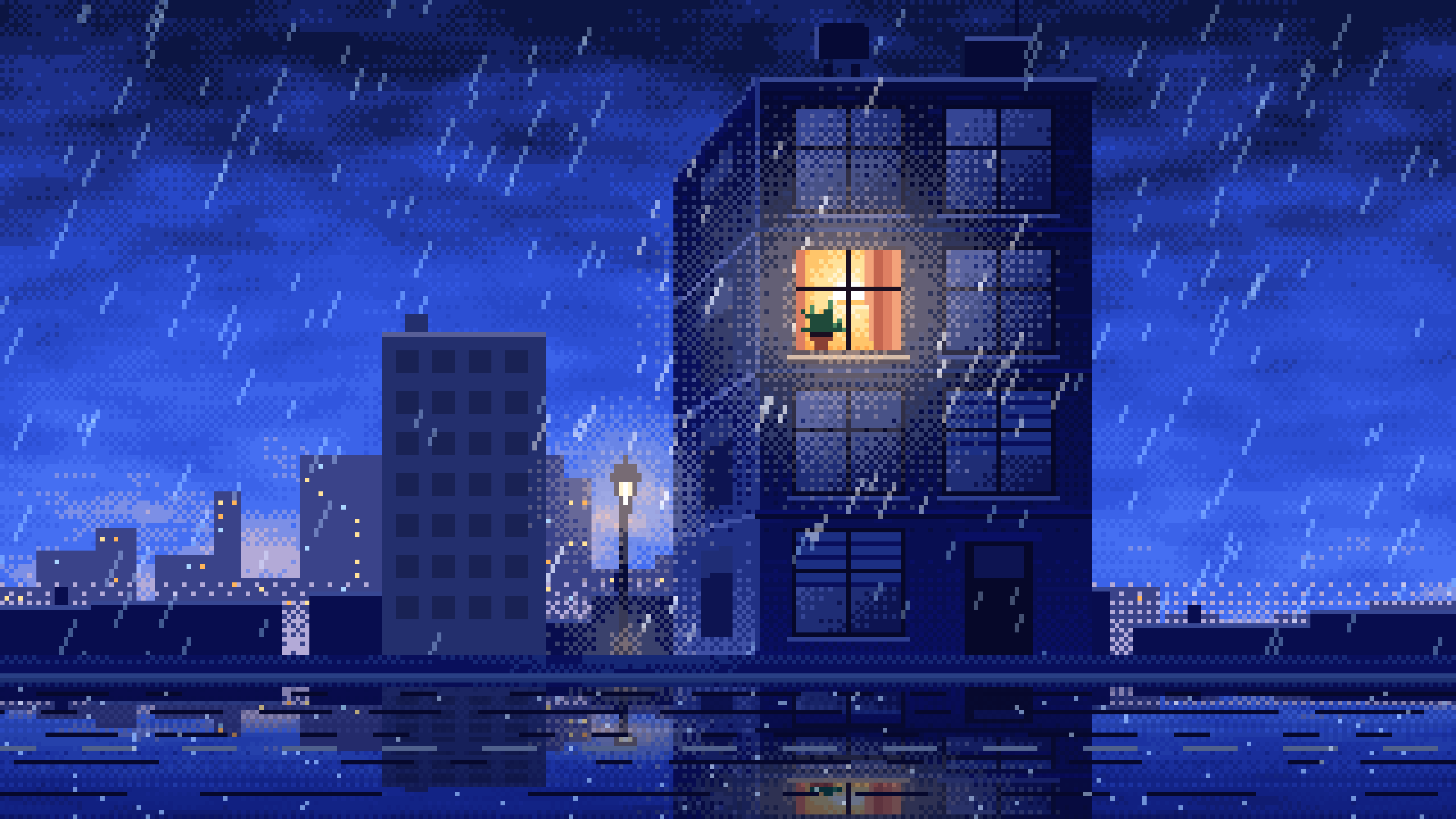 Royal Blue Pixel Art Lonely Window in the Rain desktop wallpaper in 4K