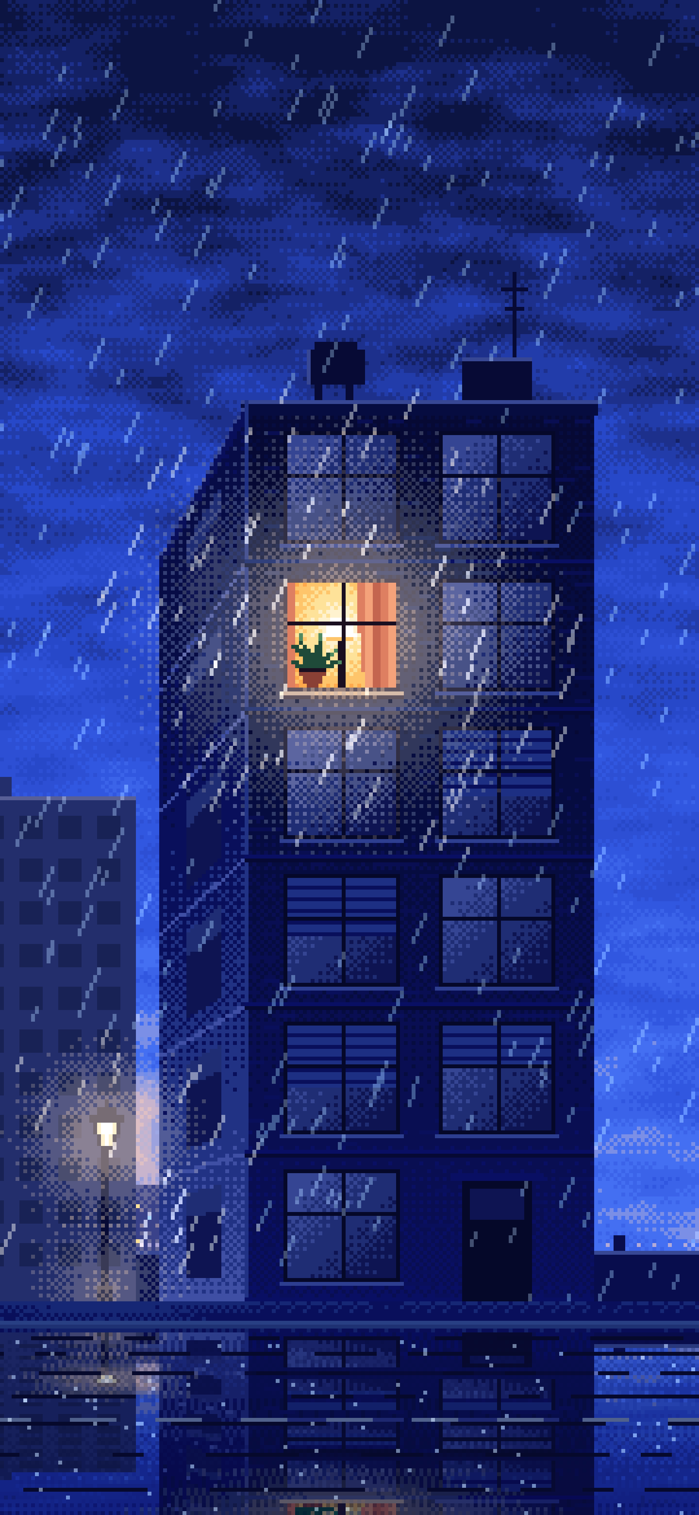 Royal Blue Pixel Art Lonely Window in the Rain wallpaper for iPhone and Android