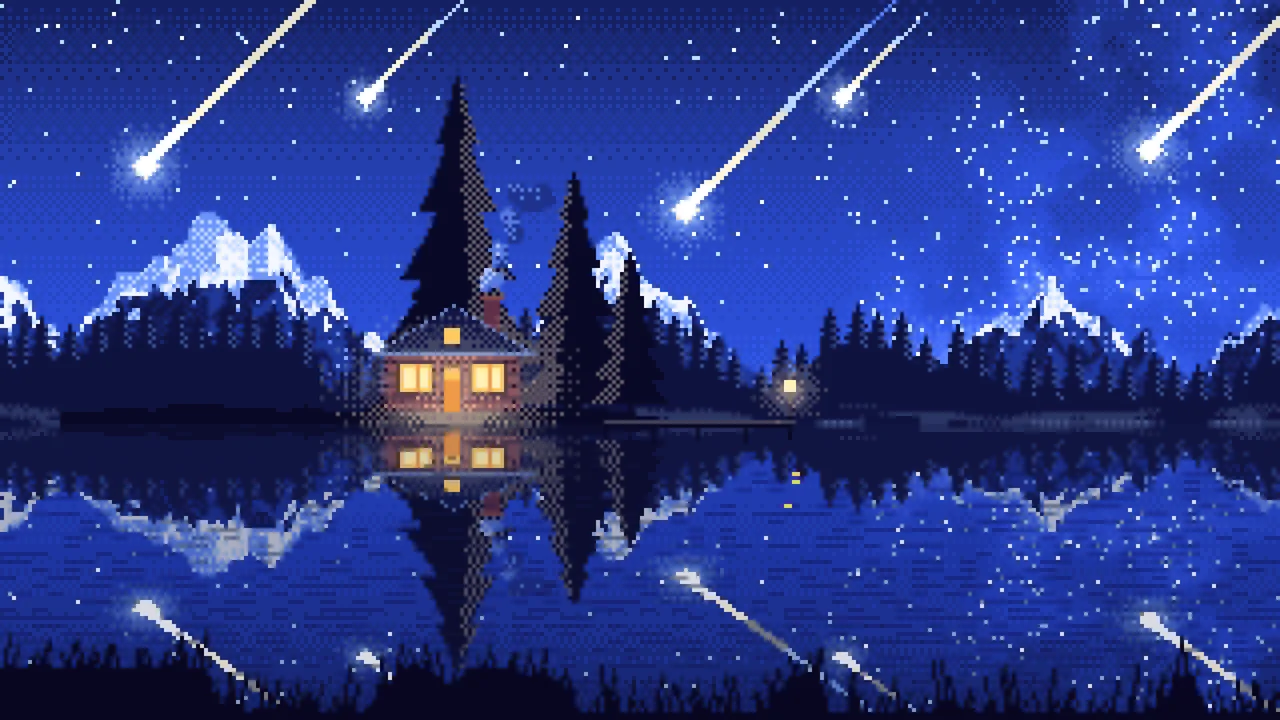 Royal Blue Pixel Art Meteor Shower over a Lake desktop wallpaper in 4K