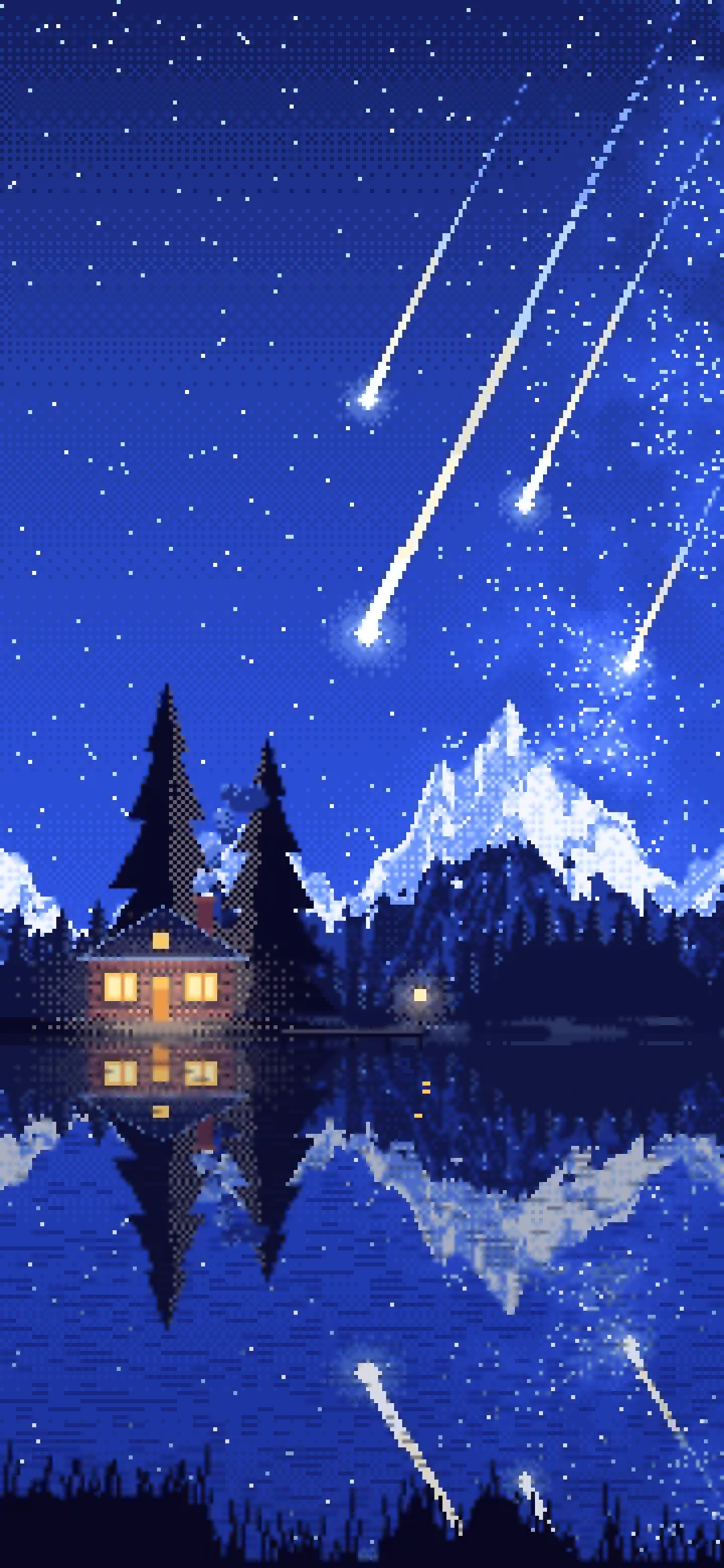 Royal Blue Pixel Art Meteor Shower over a Lake wallpaper for iPhone and Android