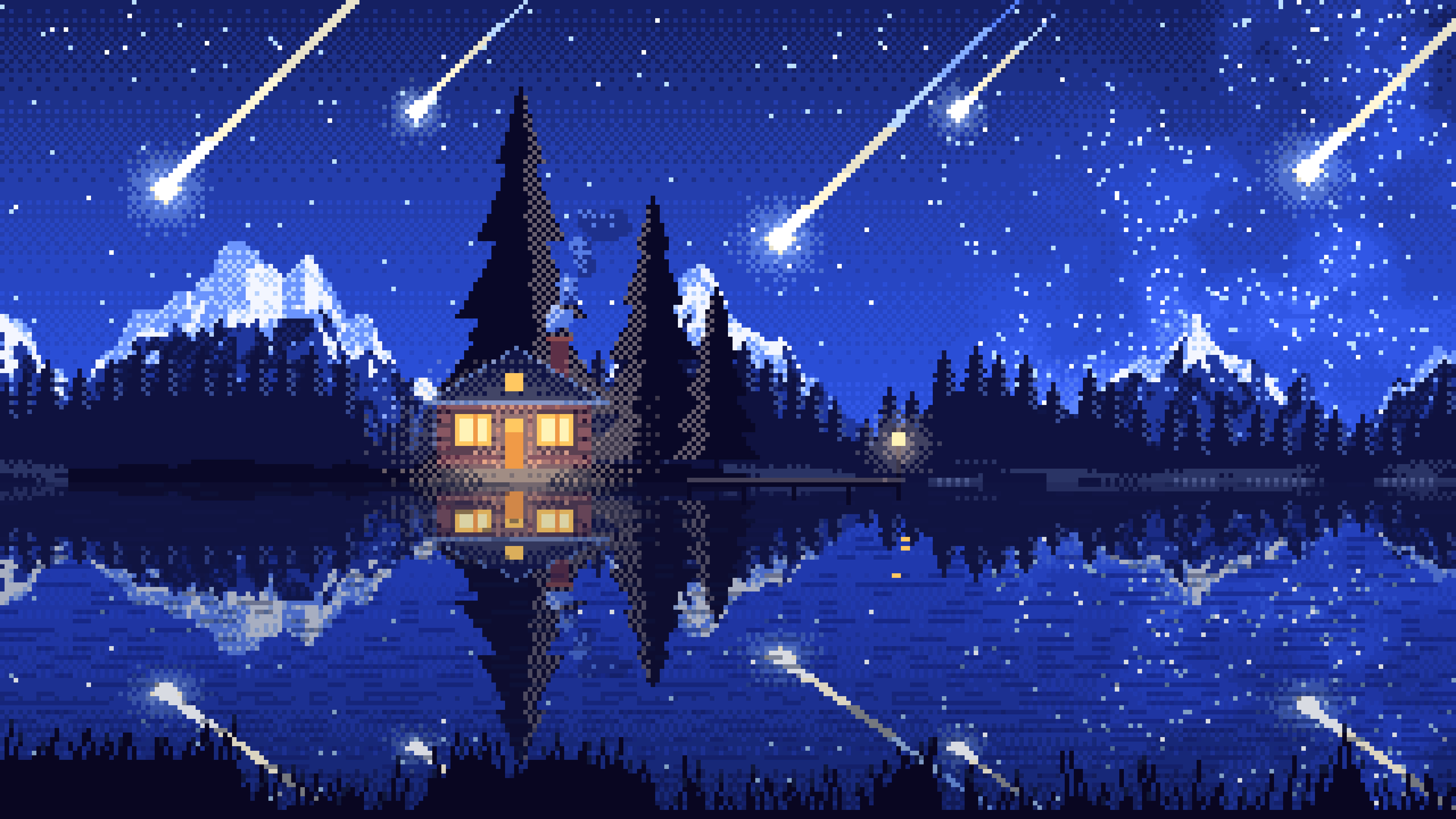 Royal Blue Pixel Art Meteor Shower over a Lake desktop wallpaper in 4K