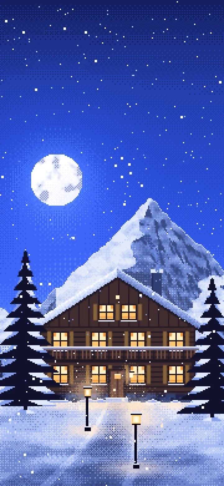 Royal Blue Pixel Art Mountain Lodge at Night wallpaper for iPhone and Android