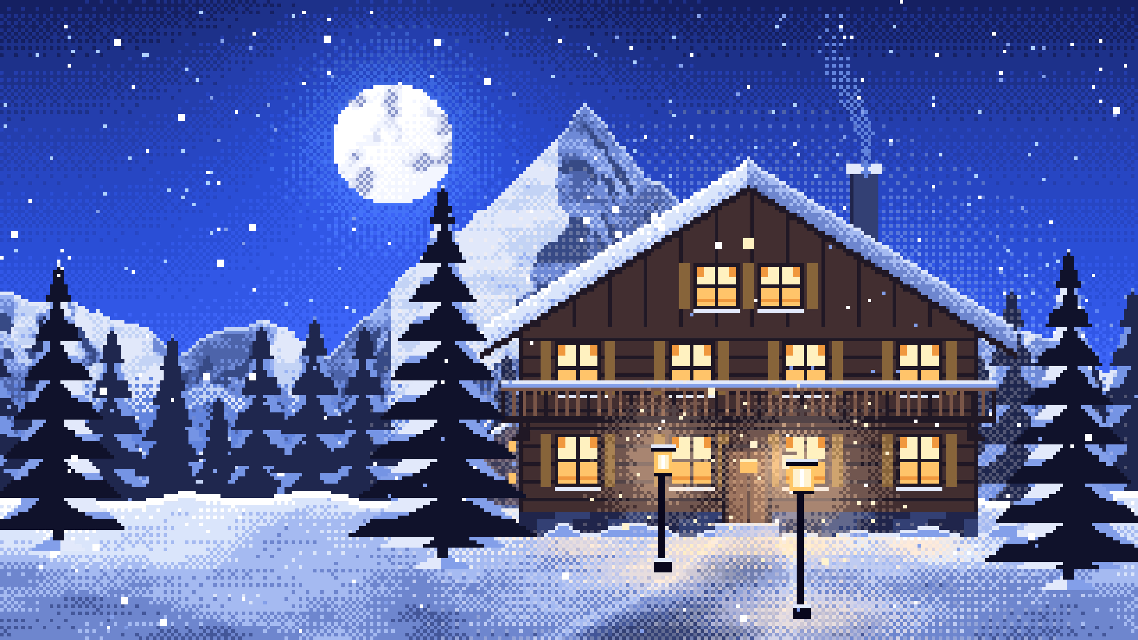 Royal Blue Pixel Art Mountain Lodge at Night desktop wallpaper in 4K