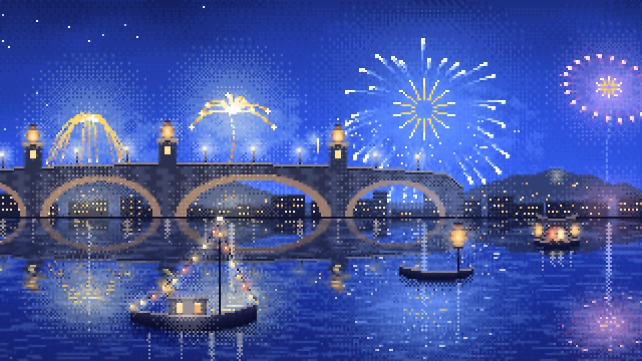 Royal Blue Pixel Art New Year Fireworks Over a Harbor desktop wallpaper in 4K