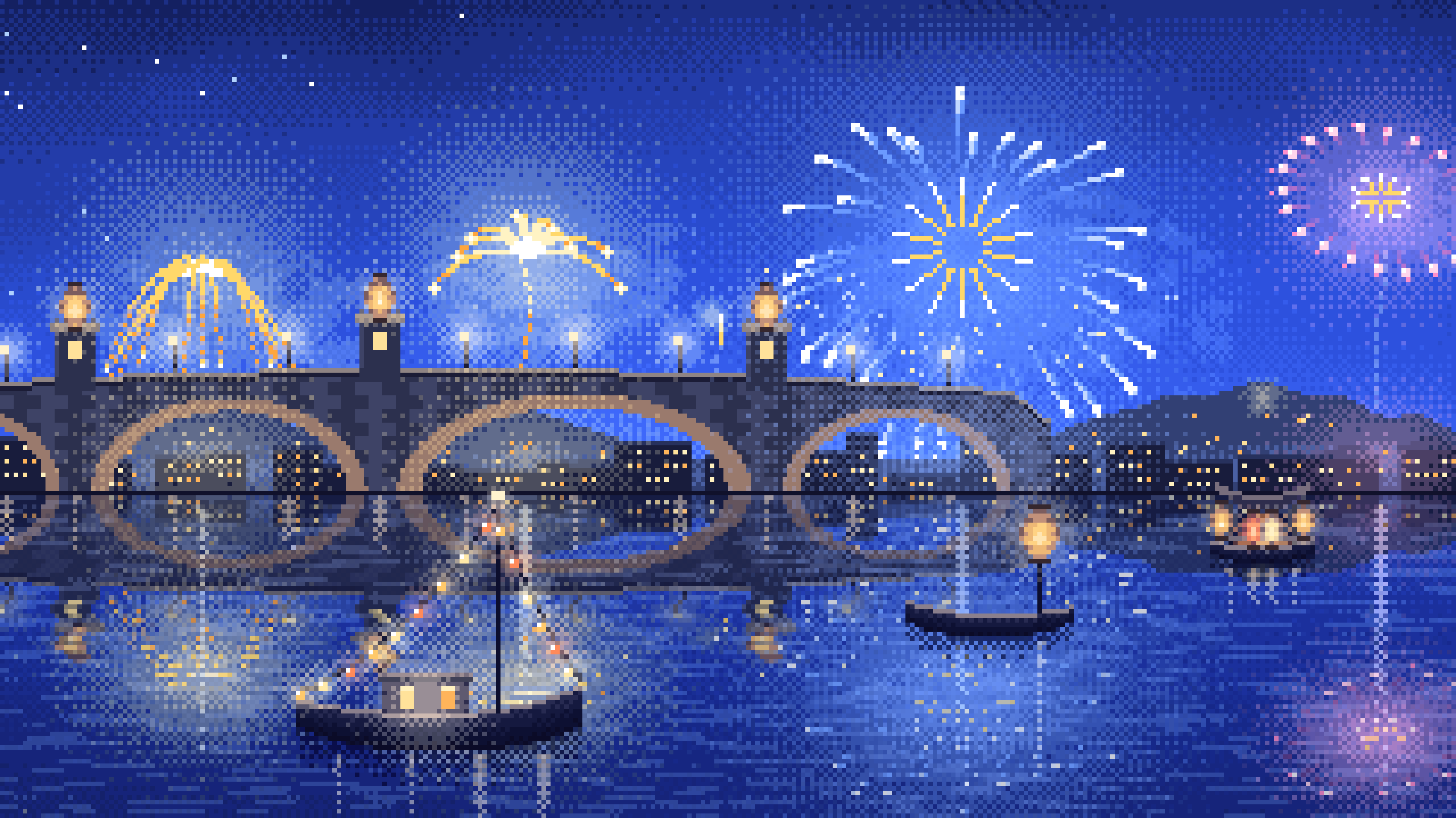Royal Blue Pixel Art New Year Fireworks Over a Harbor desktop wallpaper in 4K
