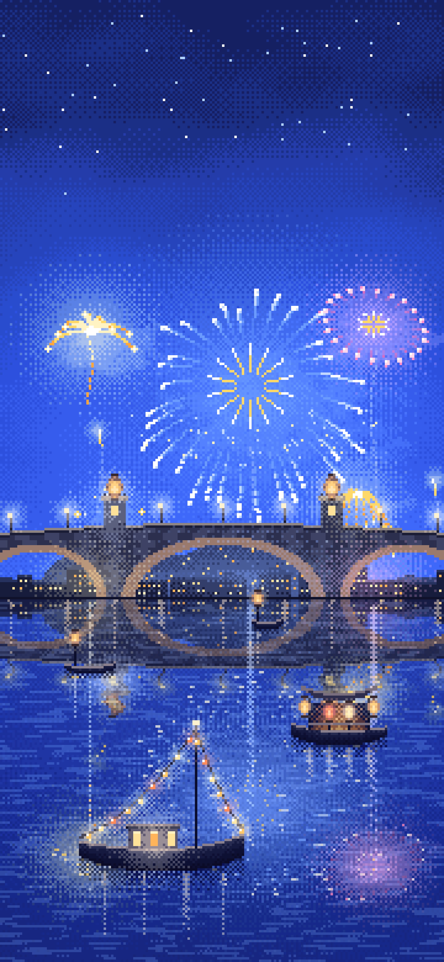Royal Blue Pixel Art New Year Fireworks Over a Harbor wallpaper for iPhone and Android