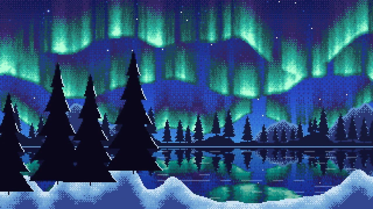 Royal Blue Pixel Art Northern Lights desktop wallpaper in 4K
