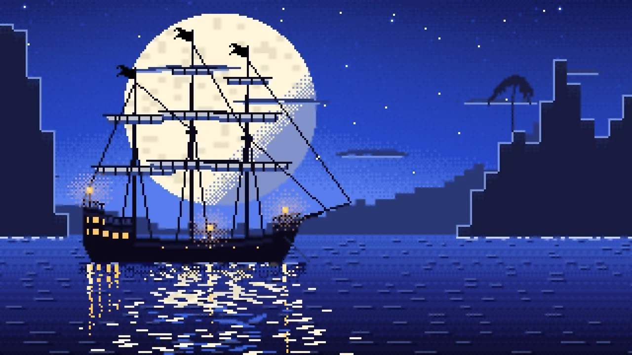 Royal Blue Pixel Art Pirate Ship in a Moonlit Cove desktop wallpaper in 4K
