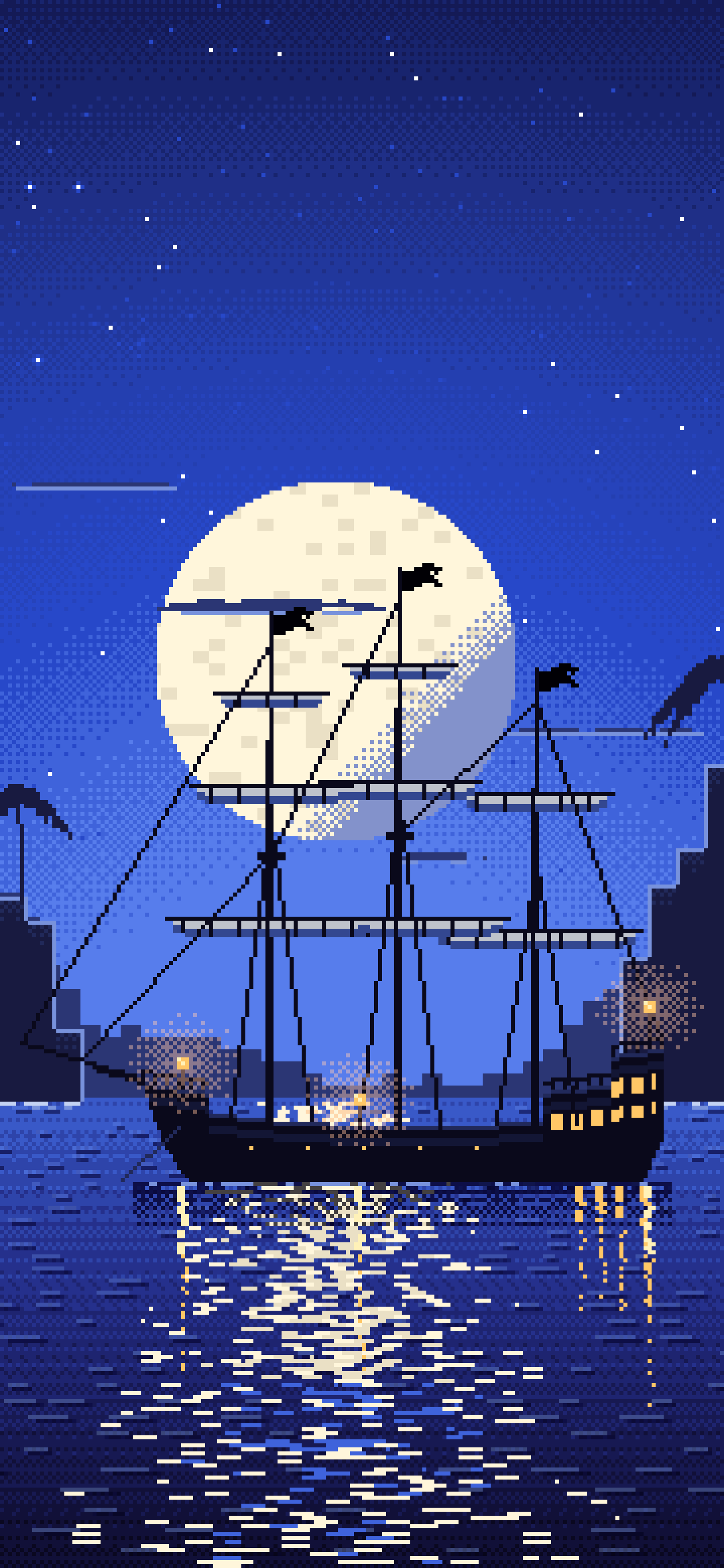 Royal Blue Pixel Art Pirate Ship in a Moonlit Cove wallpaper for iPhone and Android