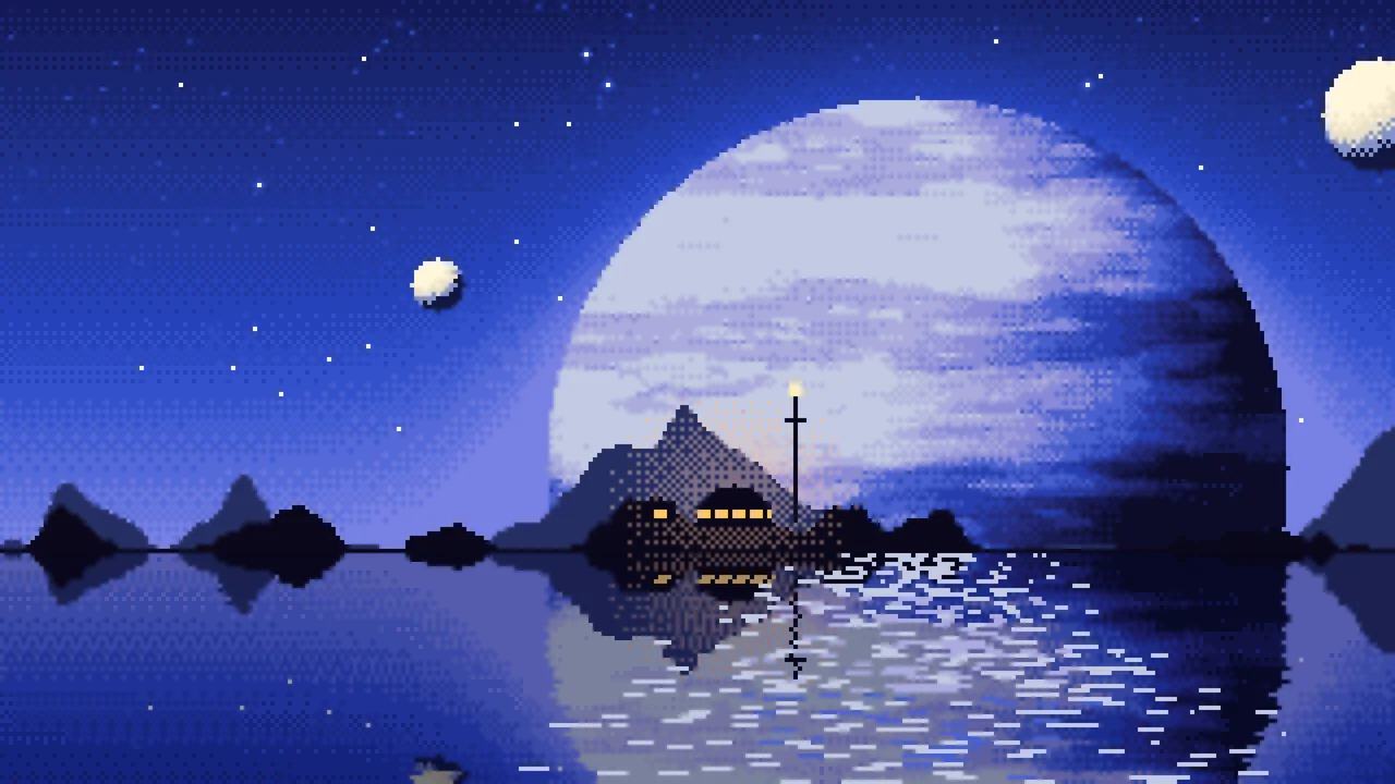 Royal Blue Pixel Art Planet Rise desktop wallpaper in 4K