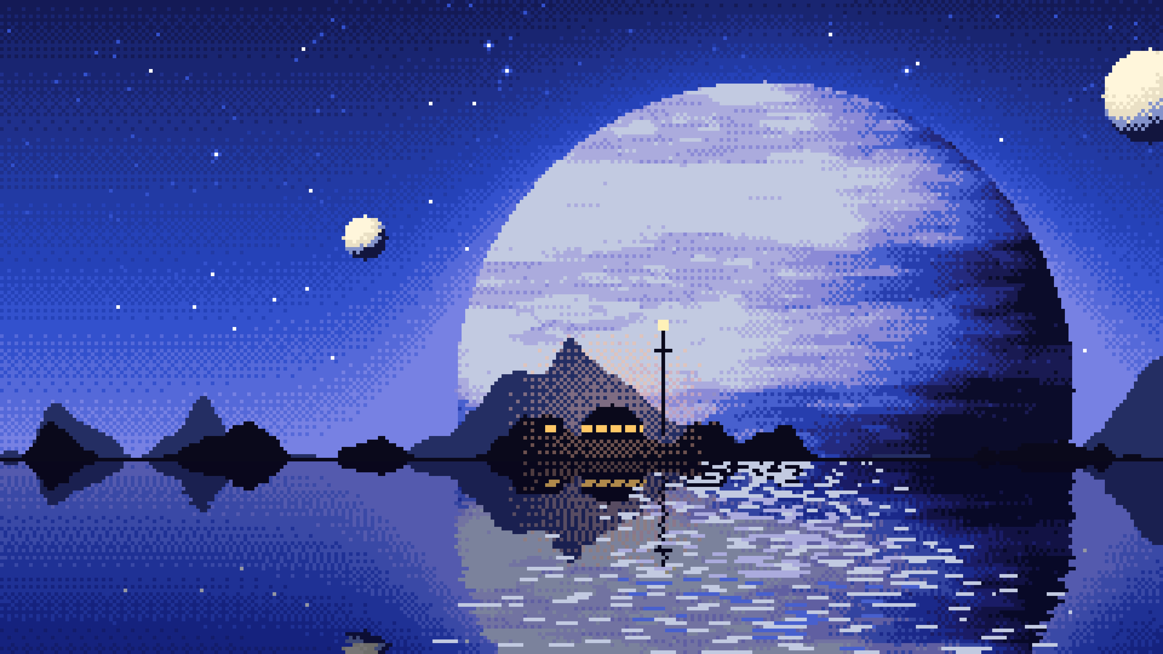 Royal Blue Pixel Art Planet Rise desktop wallpaper in 4K