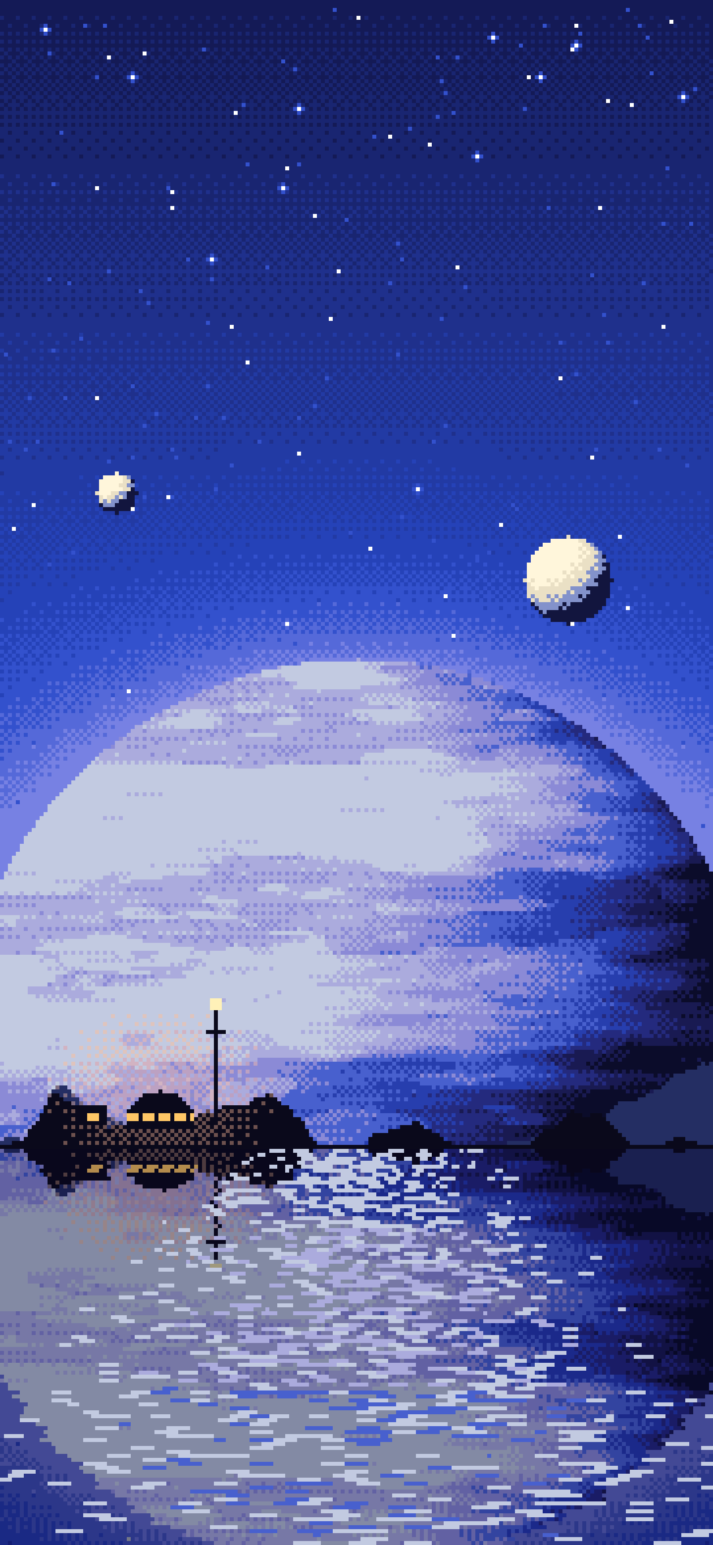 Royal Blue Pixel Art Planet Rise wallpaper for iPhone and Android