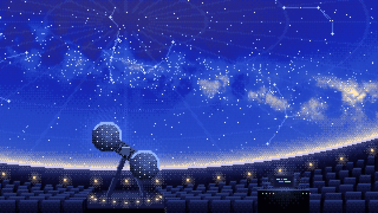 Royal Blue Pixel Art Planetarium Dome at Night desktop wallpaper in 4K