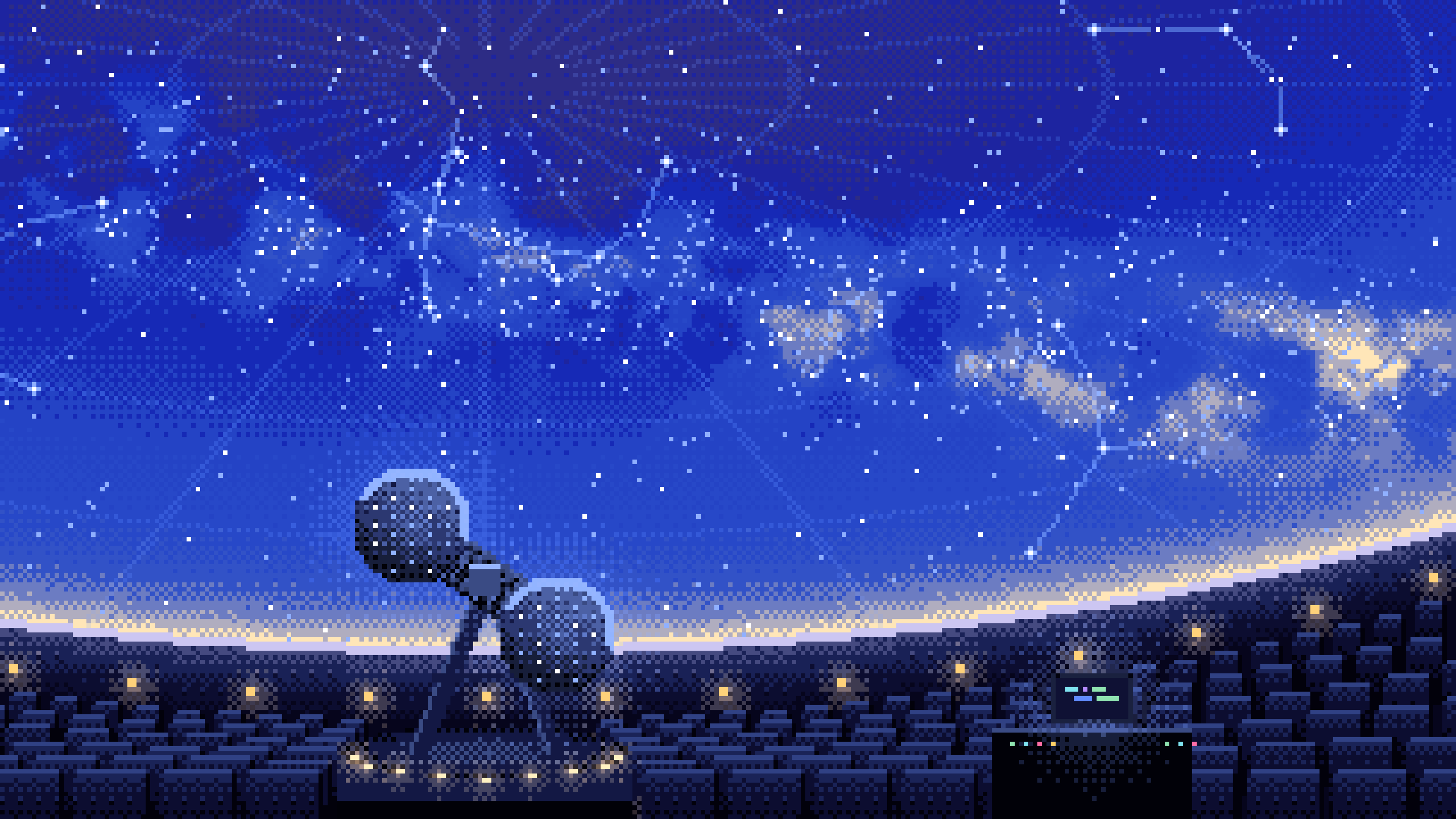 Royal Blue Pixel Art Planetarium Dome at Night desktop wallpaper in 4K