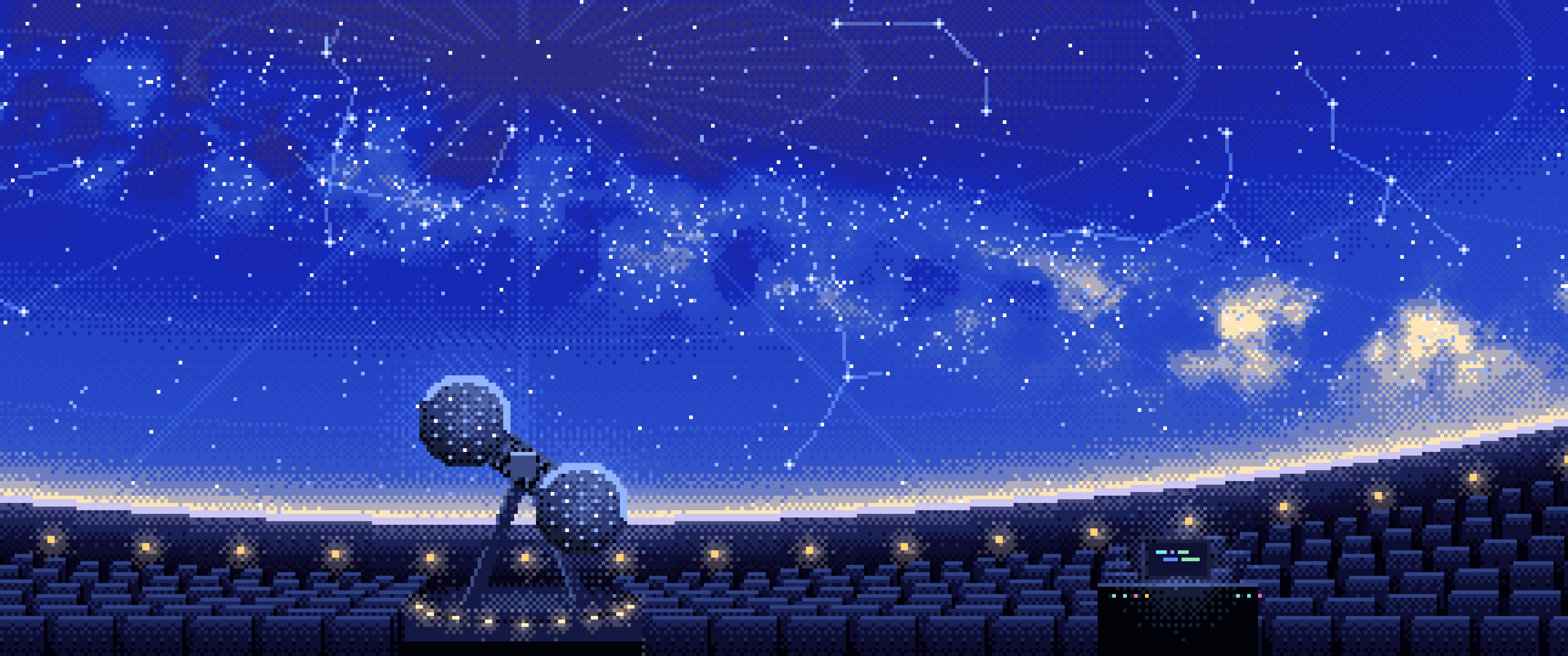 Royal Blue Pixel Art Planetarium Dome at Night ultrawide wallpaper, 3440 × 1440