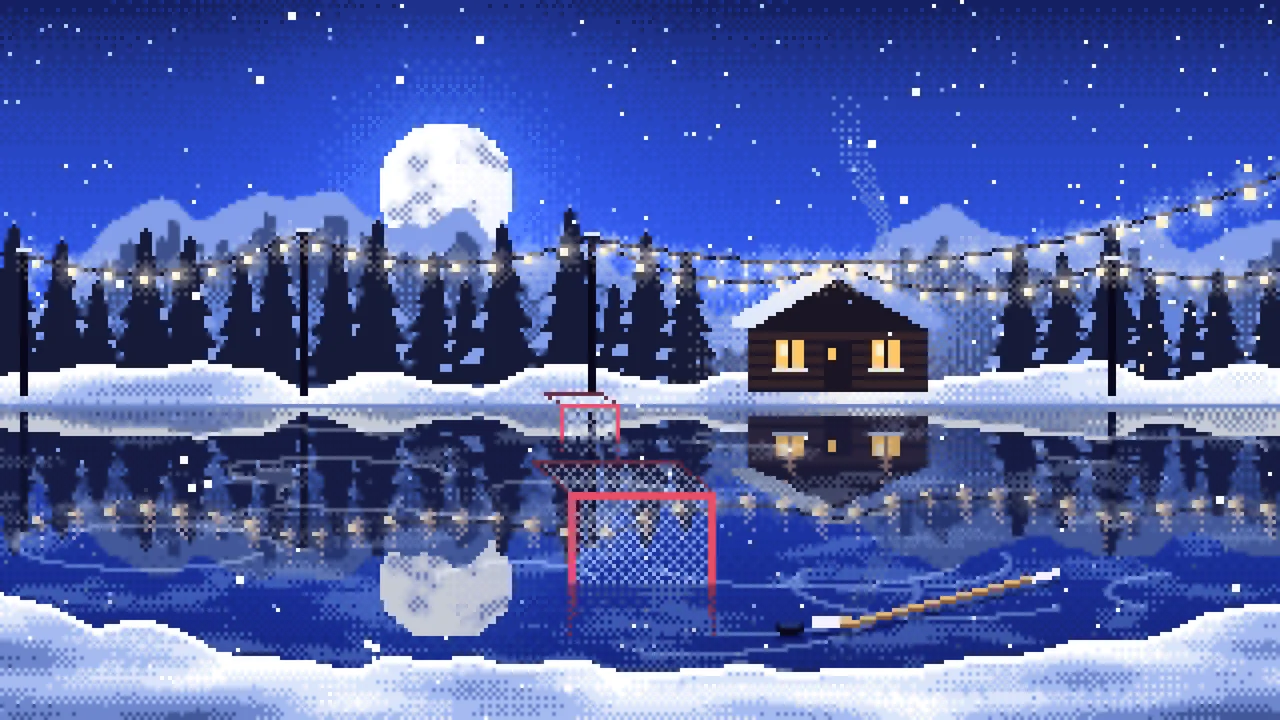 Royal Blue Pixel Art Pond Hockey Rink desktop wallpaper in 4K