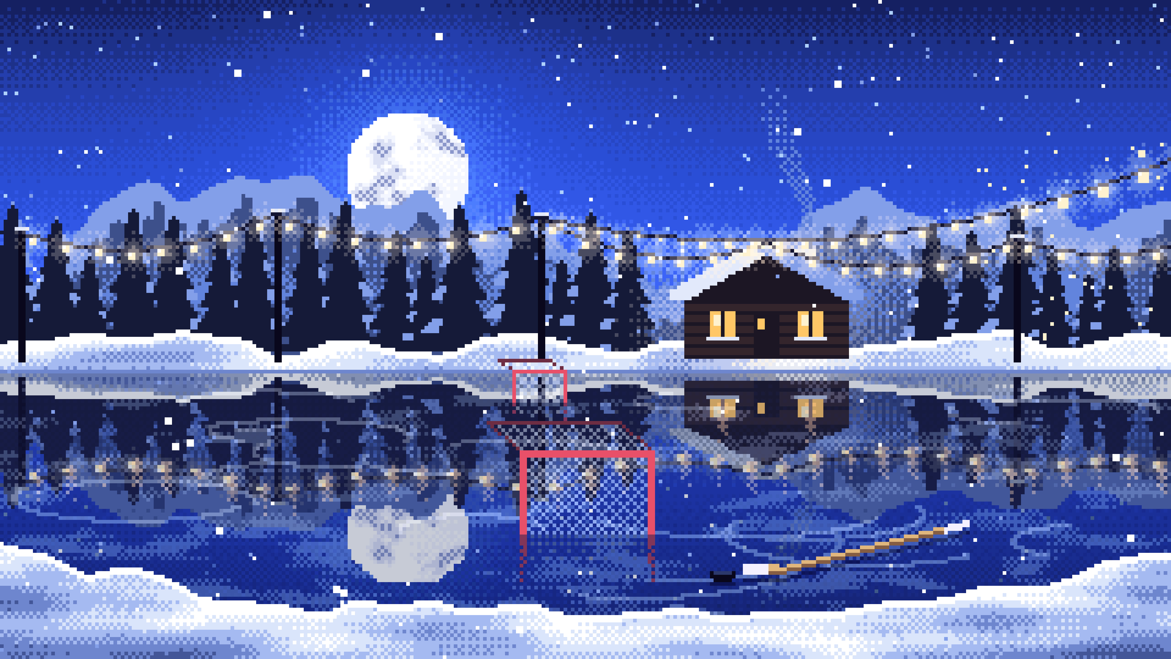 Royal Blue Pixel Art Pond Hockey Rink desktop wallpaper in 4K