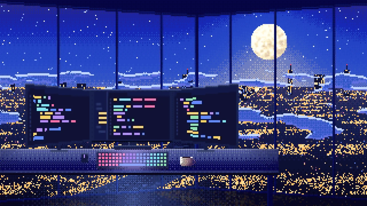 Royal Blue Pixel Art Programming Desk Above the City at Night desktop wallpaper in 4K