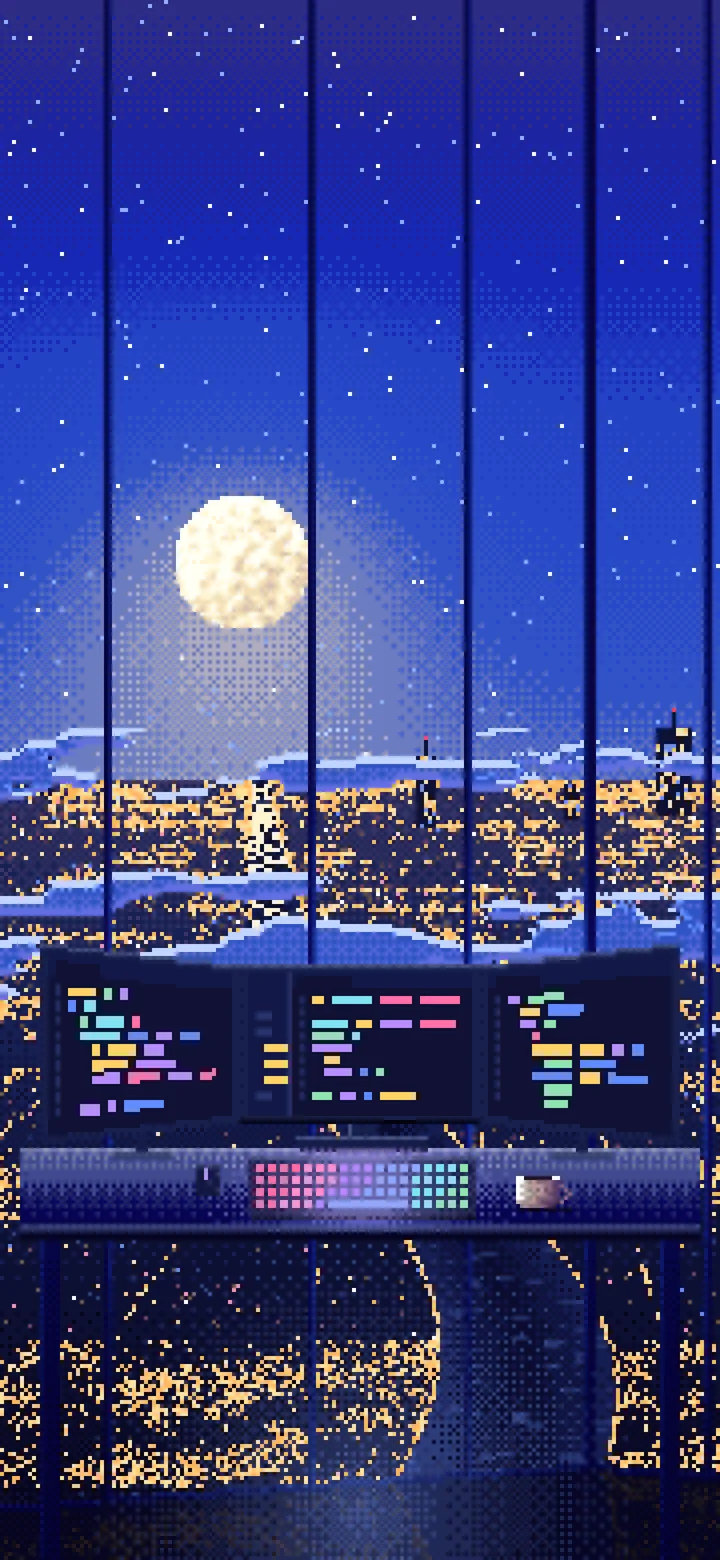 Royal Blue Pixel Art Programming Desk Above the City at Night wallpaper for iPhone and Android