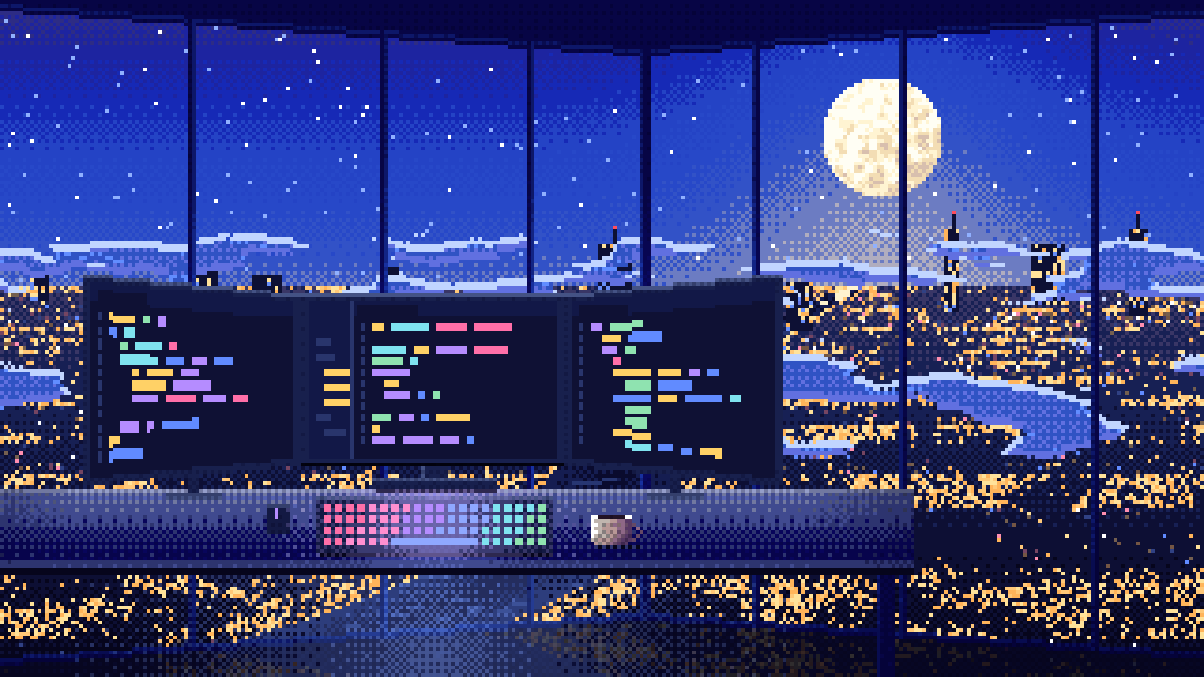 Royal Blue Pixel Art Programming Desk Above the City at Night desktop wallpaper in 4K