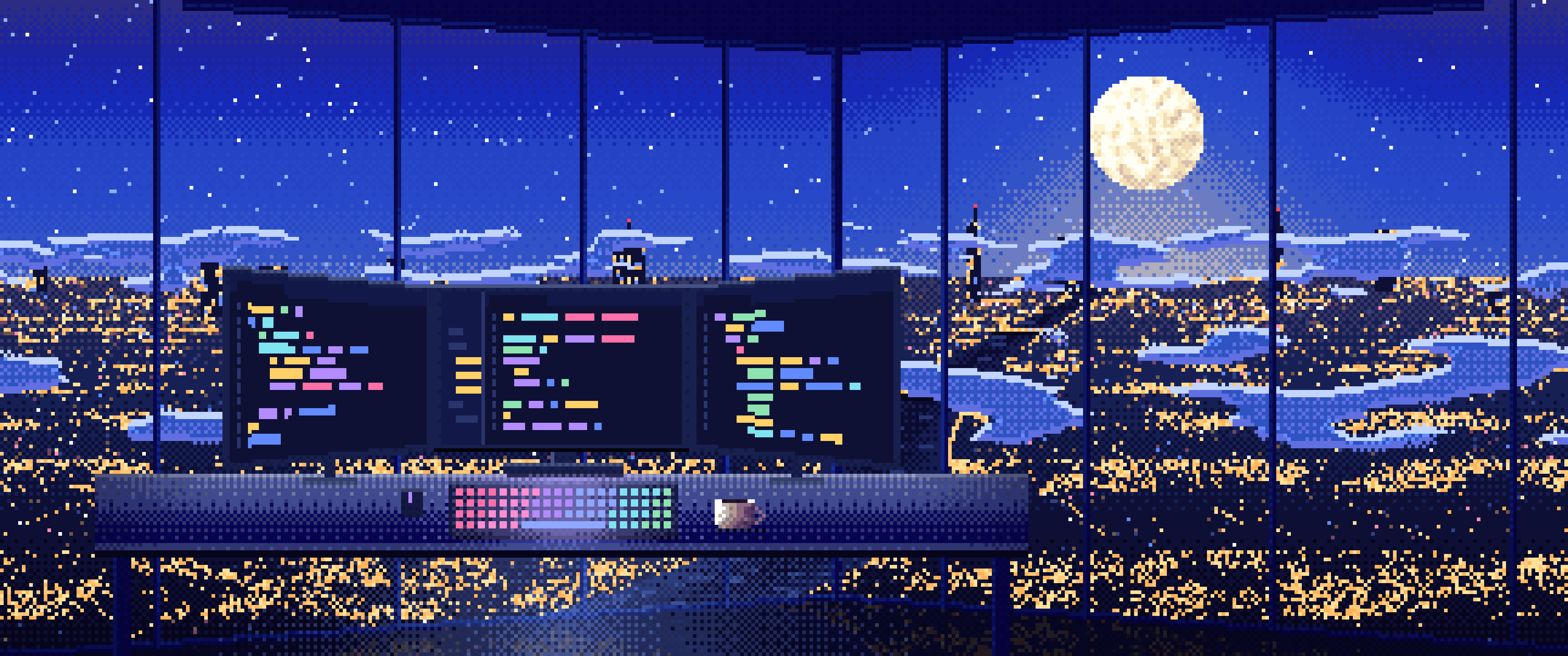 Royal Blue Pixel Art Programming Desk Above the City at Night ultrawide wallpaper, 3440 × 1440