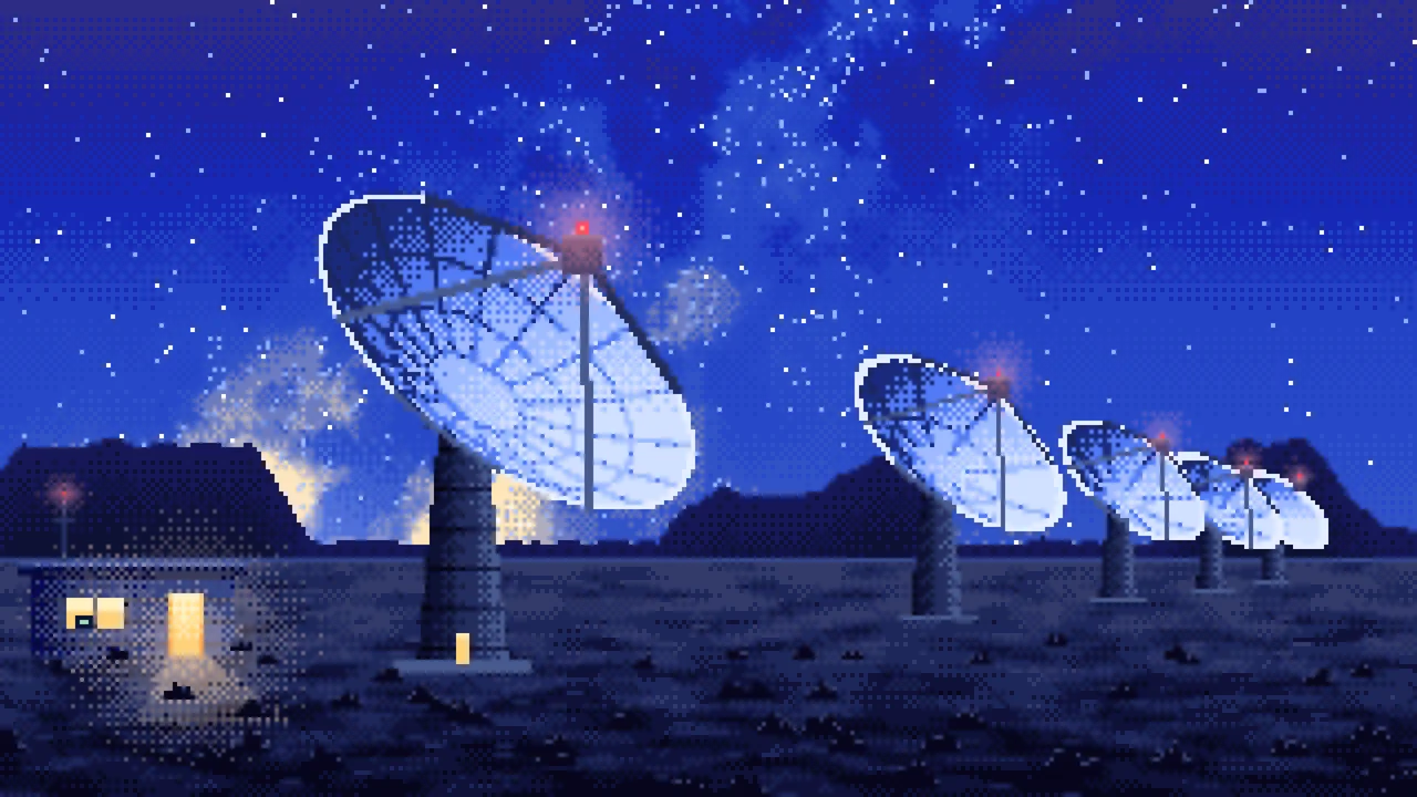 Royal Blue Pixel Art Radio Telescopes Under the Milky Way desktop wallpaper in 4K