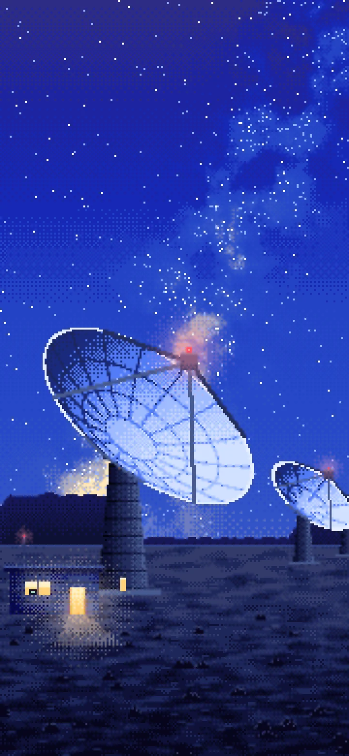 Royal Blue Pixel Art Radio Telescopes Under the Milky Way wallpaper for iPhone and Android