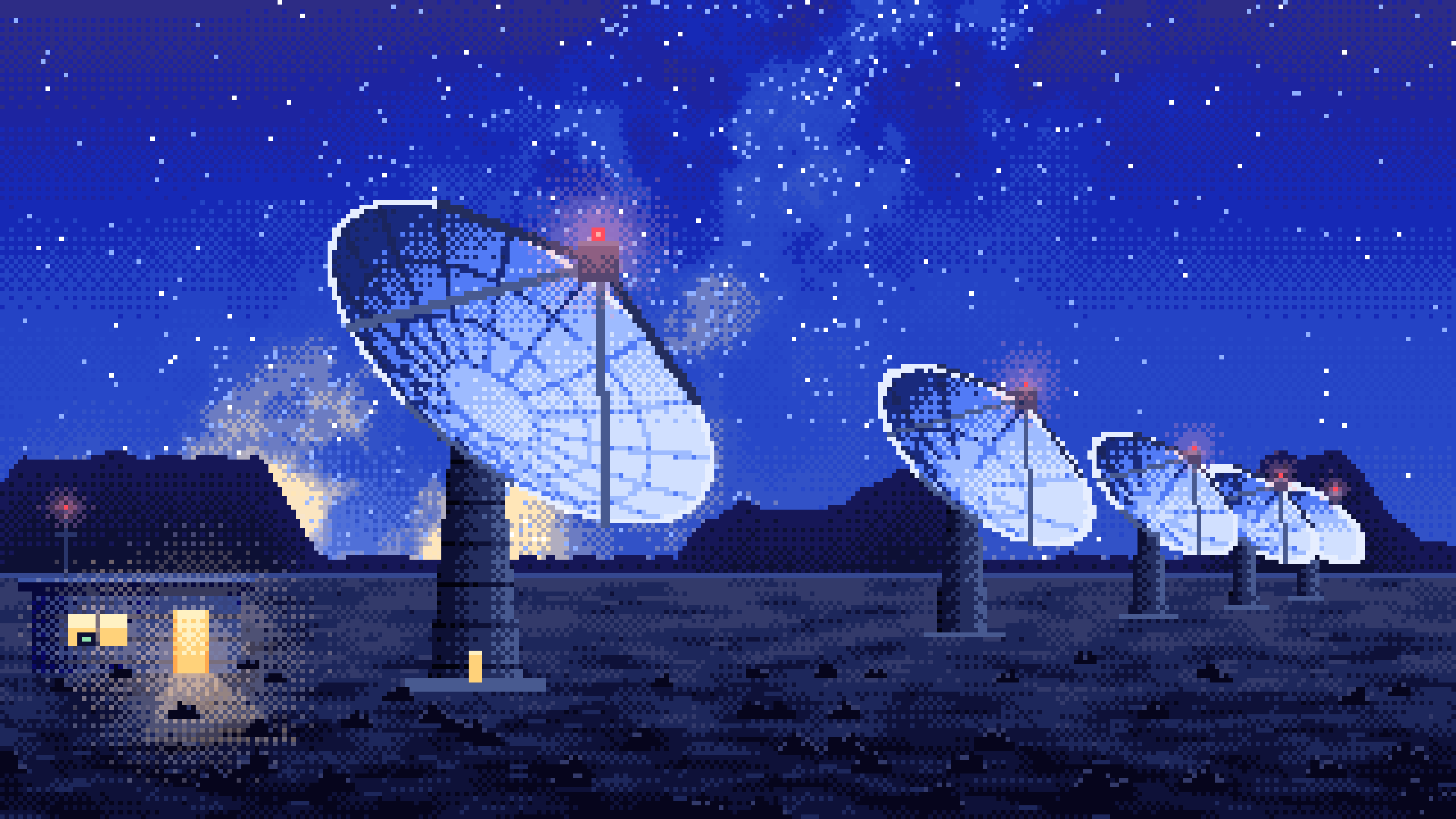 Royal Blue Pixel Art Radio Telescopes Under the Milky Way desktop wallpaper in 4K