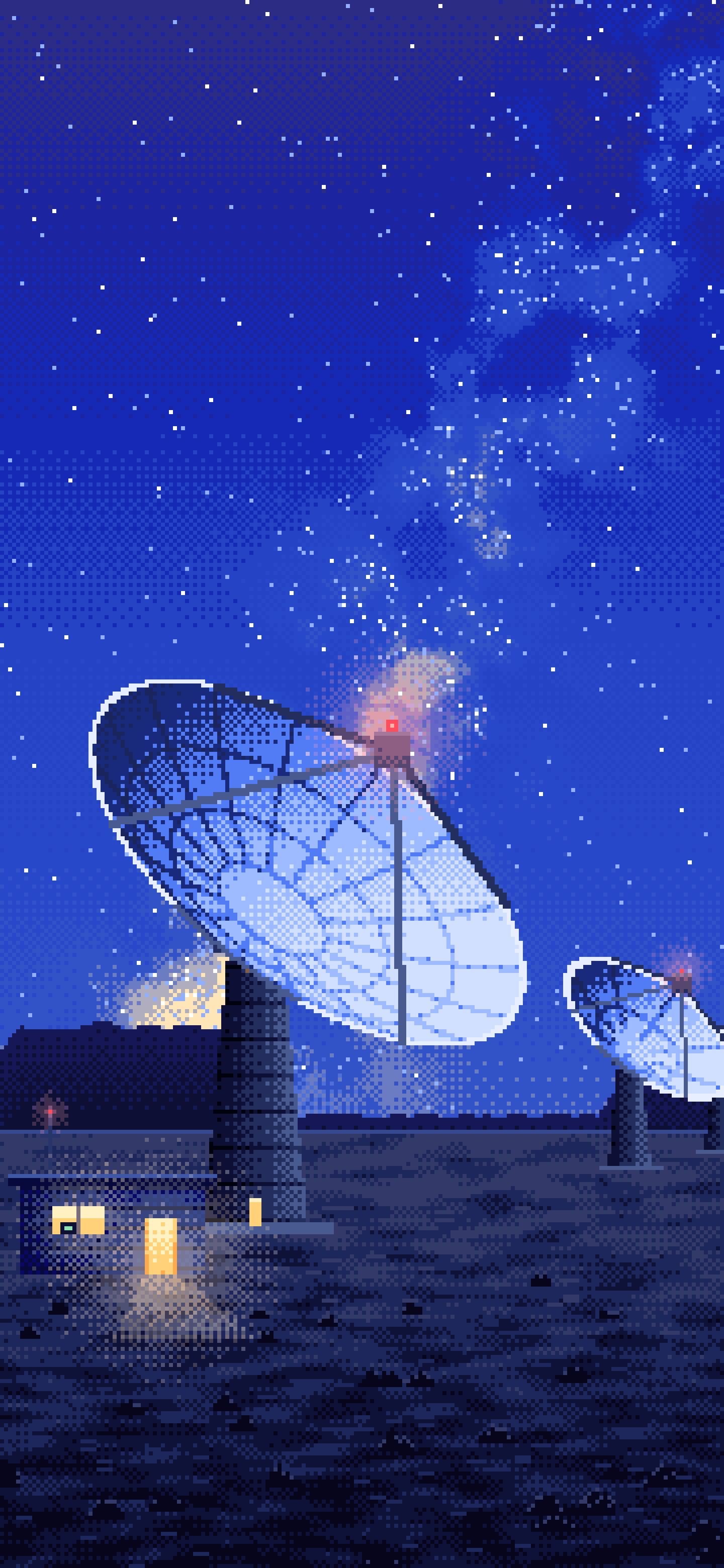 Royal Blue Pixel Art Radio Telescopes Under the Milky Way wallpaper for iPhone and Android