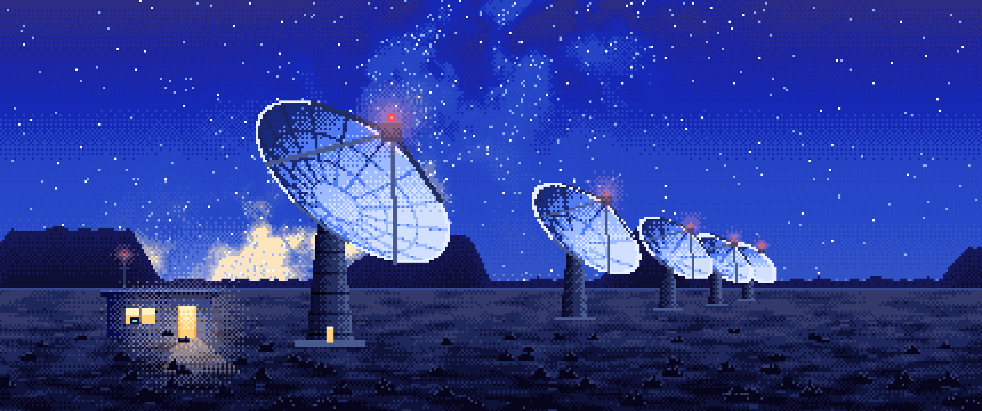 Royal Blue Pixel Art Radio Telescopes Under the Milky Way ultrawide wallpaper, 3440 × 1440