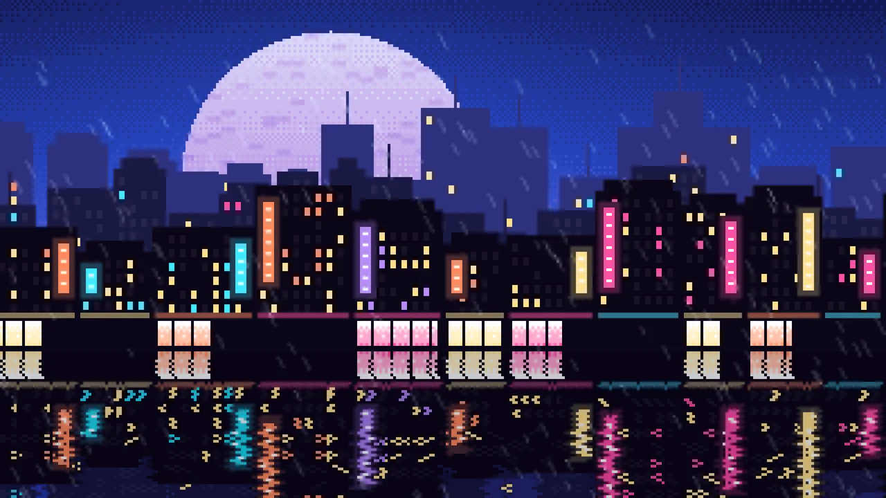 Royal Blue Pixel Art Rainy City desktop wallpaper in 4K