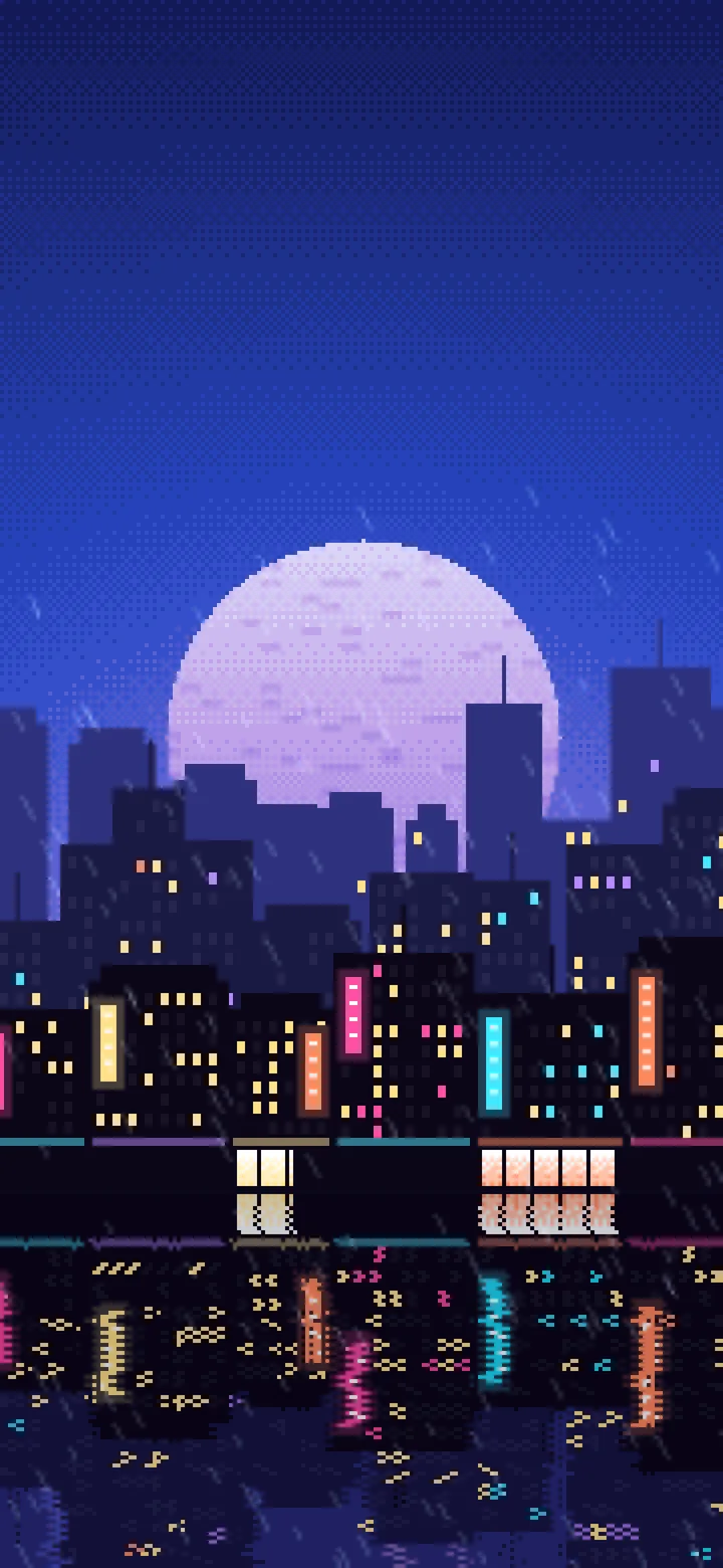 Royal Blue Pixel Art Rainy City wallpaper for iPhone and Android
